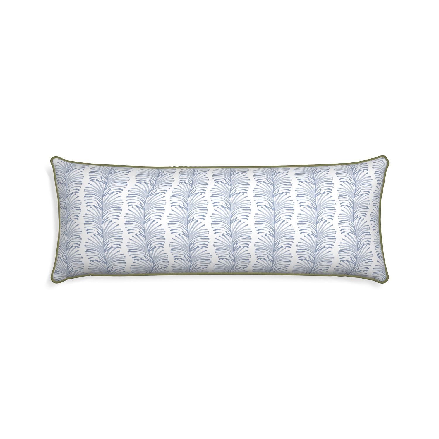 Xl-lumbar emma sky custom pillow with moss piping on white background