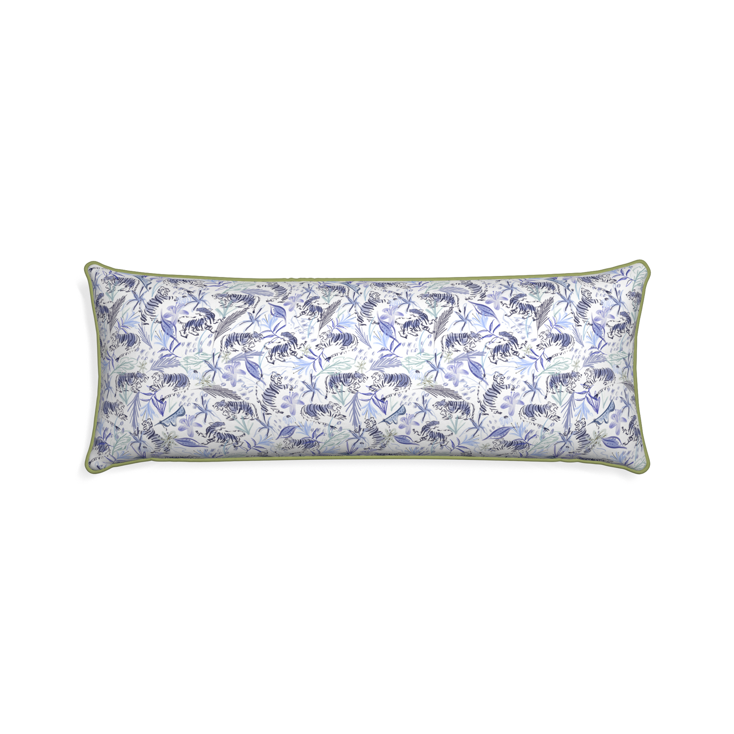 Xl-lumbar frida blue custom blue with intricate tiger designpillow with moss piping on white background