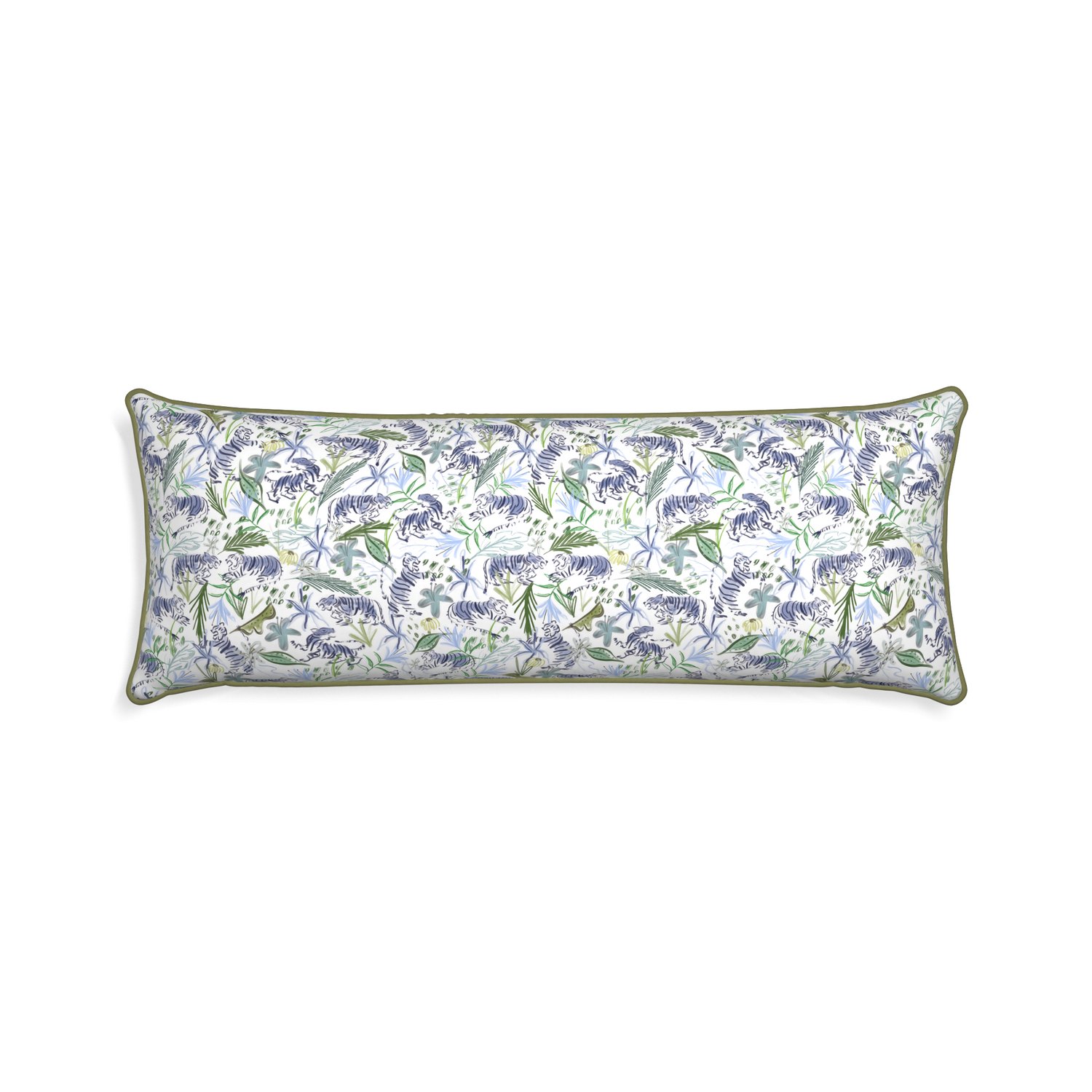 rectangle green chinoiserie tiger pillow with moss green piping 