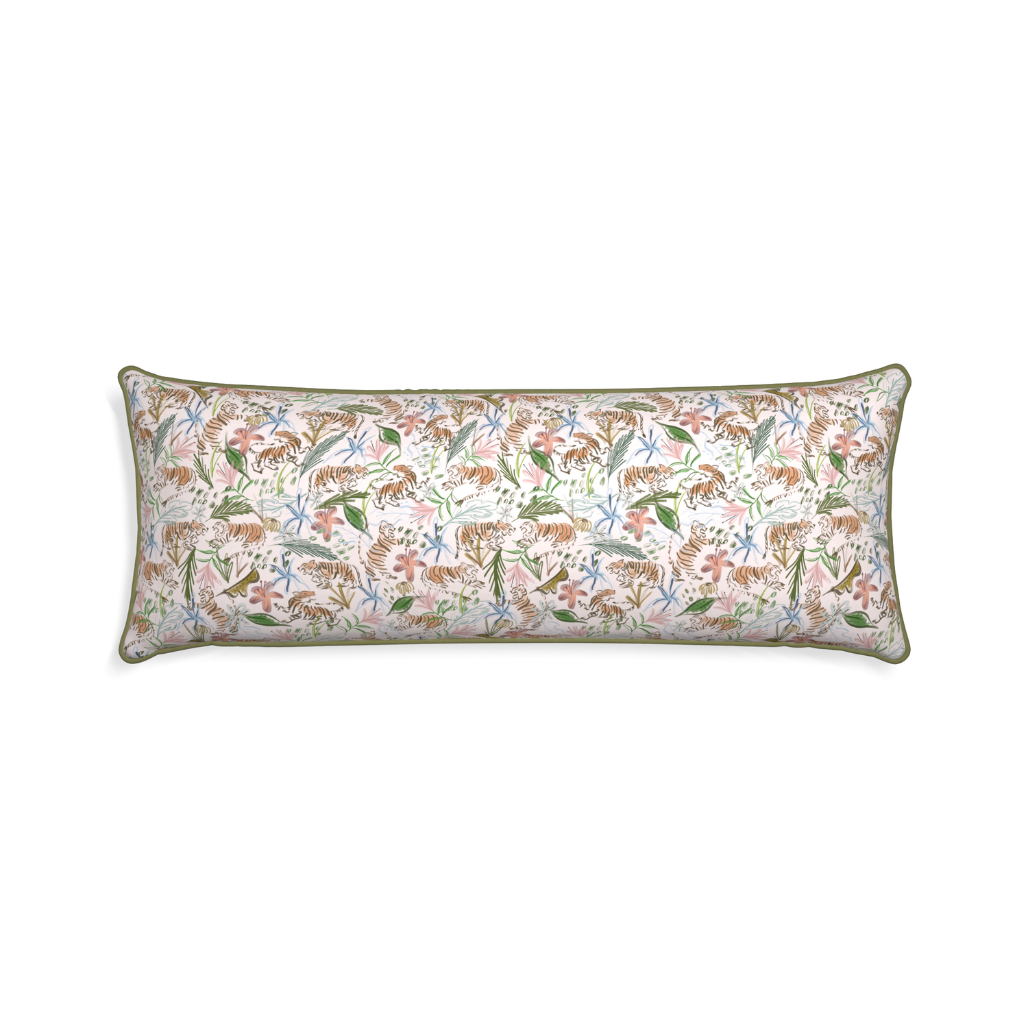 Xl-lumbar frida pink custom pink chinoiserie tigerpillow with moss piping on white background
