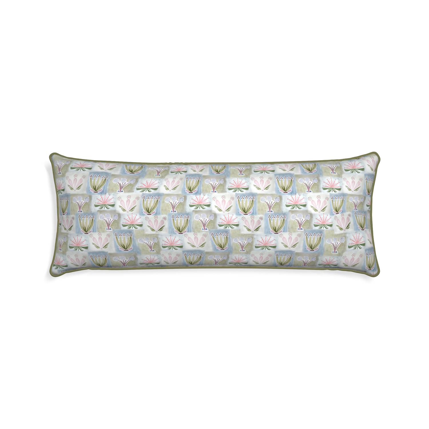 Xl-lumbar harper custom pillow with moss piping on white background