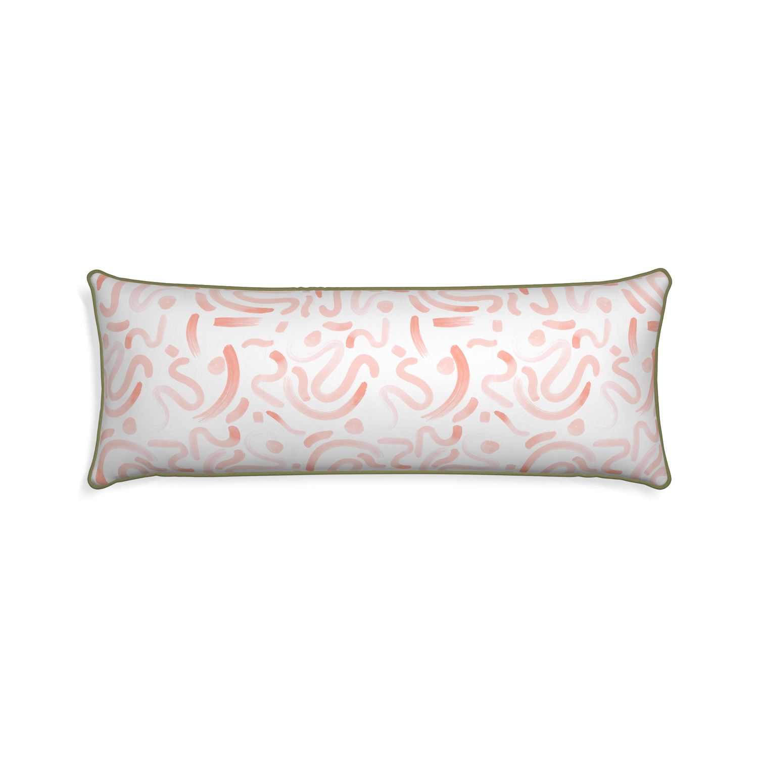 Xl-lumbar hockney pink custom pillow with moss piping on white background