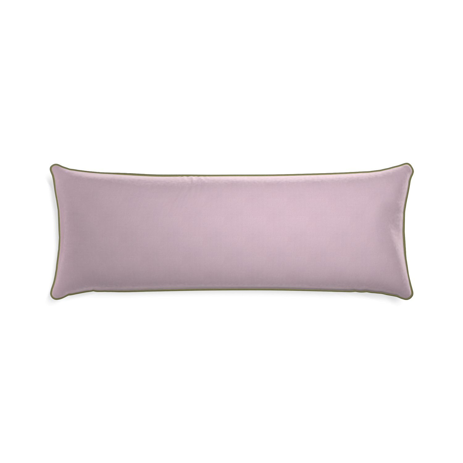 Xl-lumbar lilac velvet custom pillow with moss piping on white background