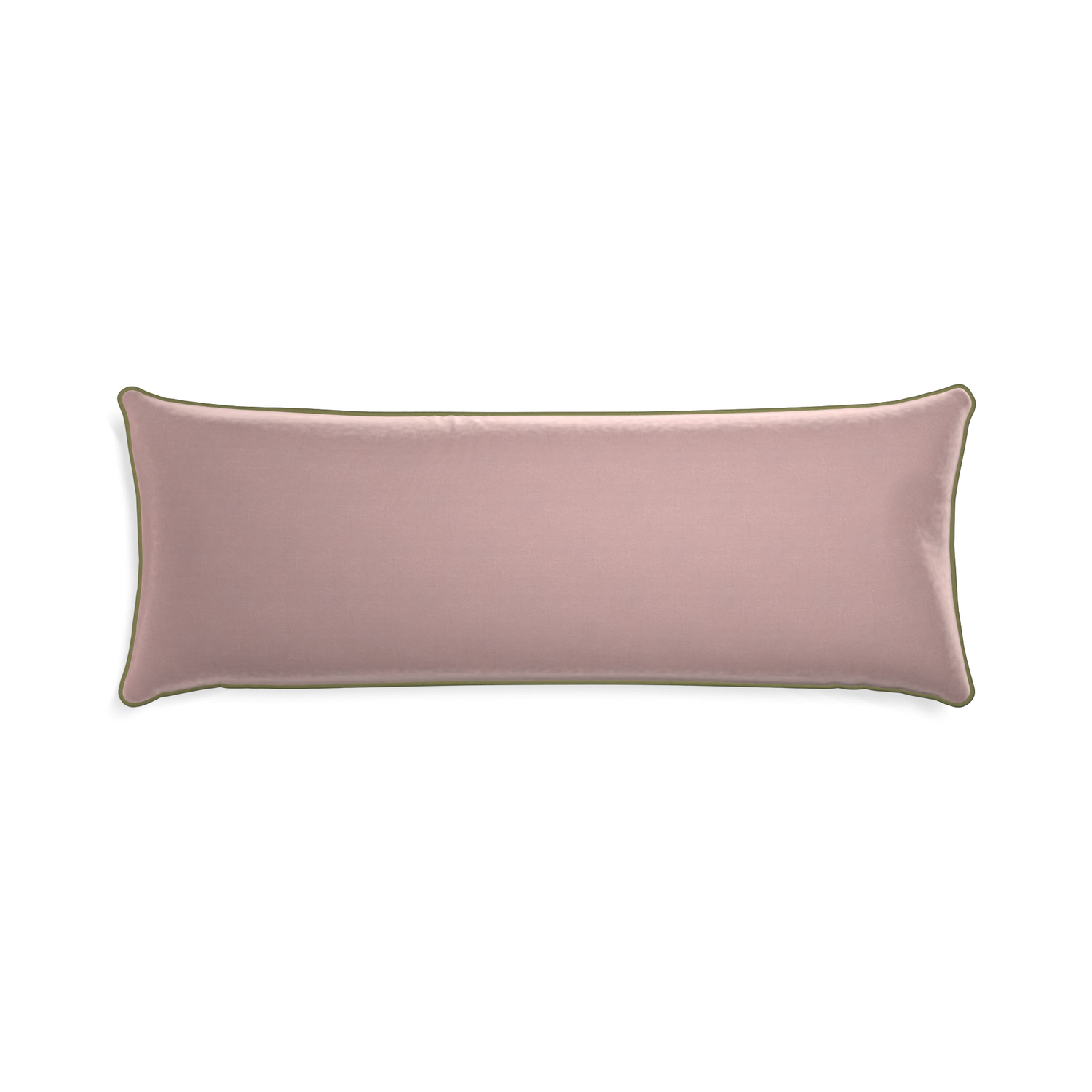 Xl-lumbar mauve velvet custom pillow with moss piping on white background
