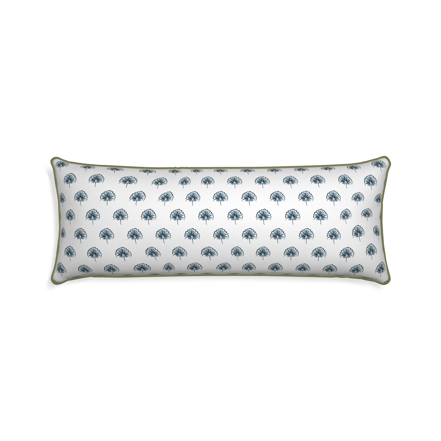 rectangle navy floral pillow with moss green piping