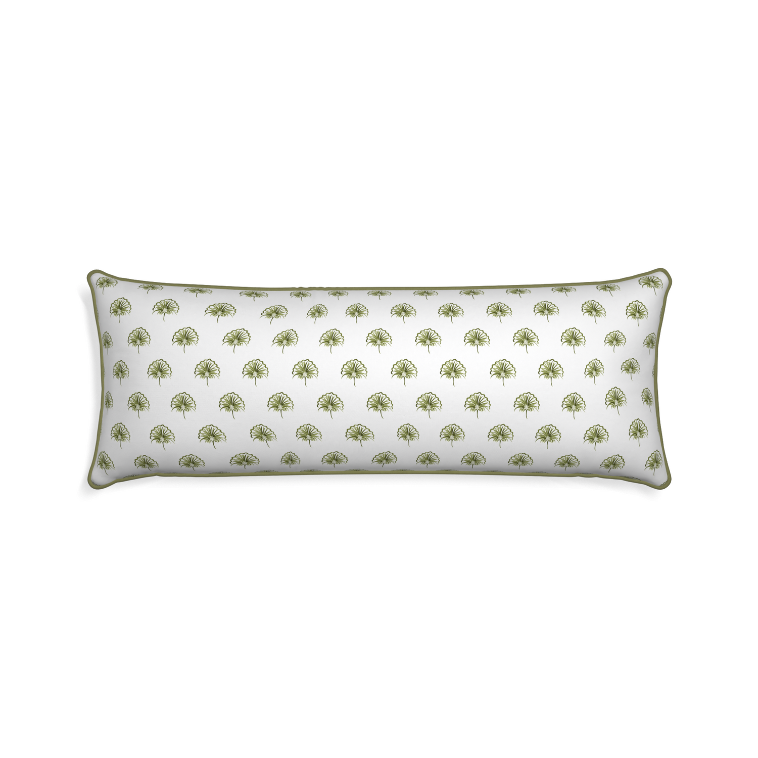 rectangle moss green floral pillow with moss green piping