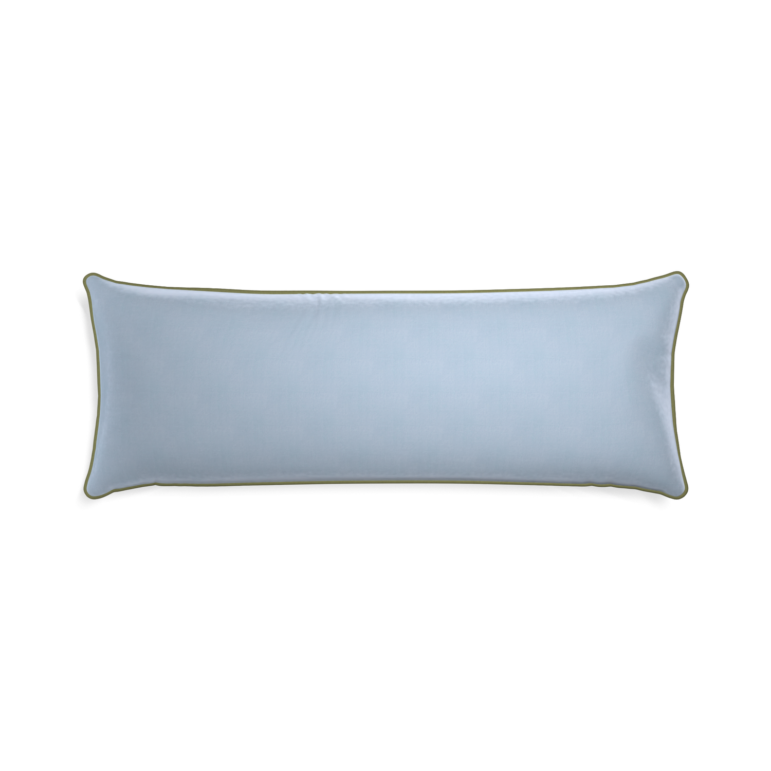 rectangle light blue velvet pillow with moss green piping
