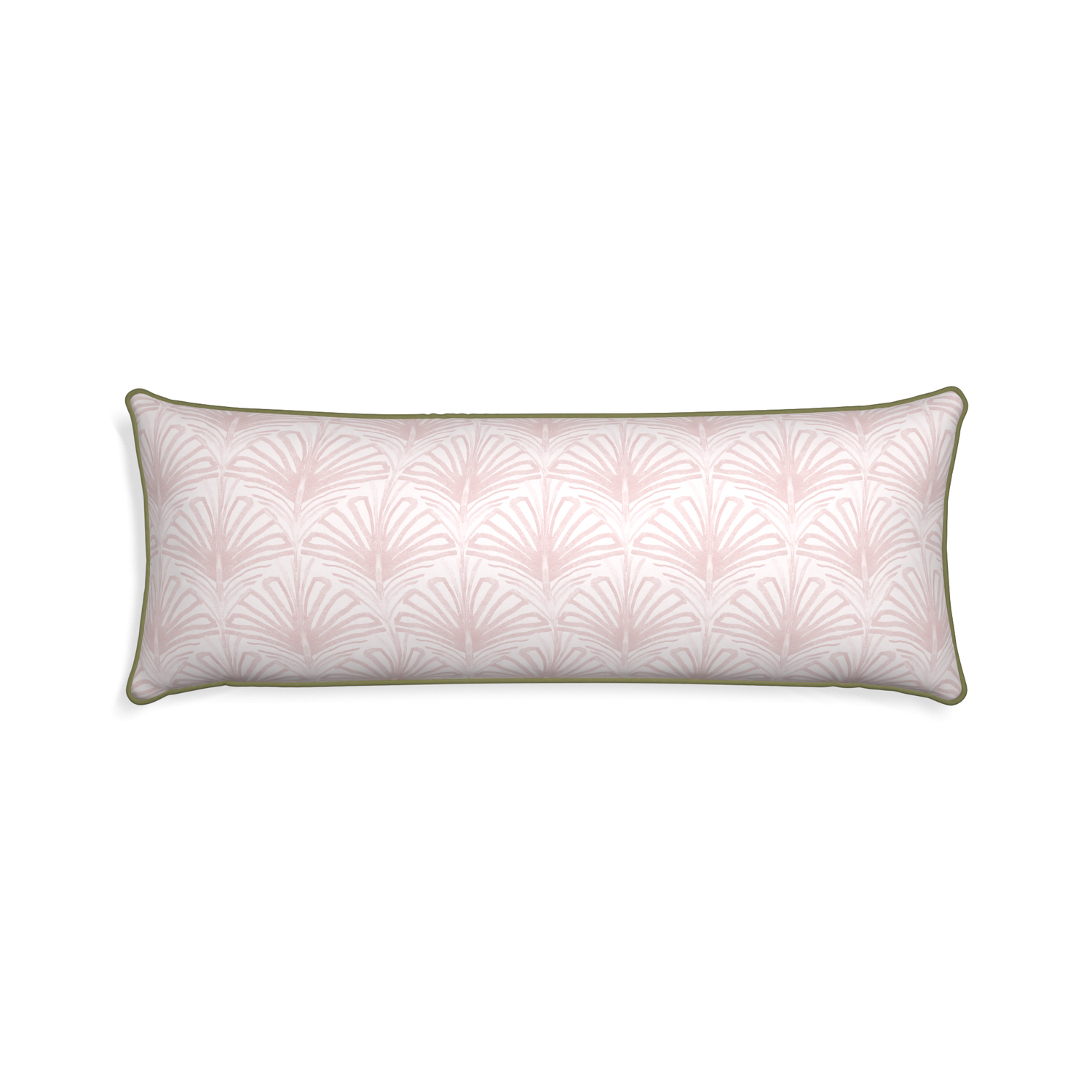 Xl-lumbar suzy rose custom pillow with moss piping on white background