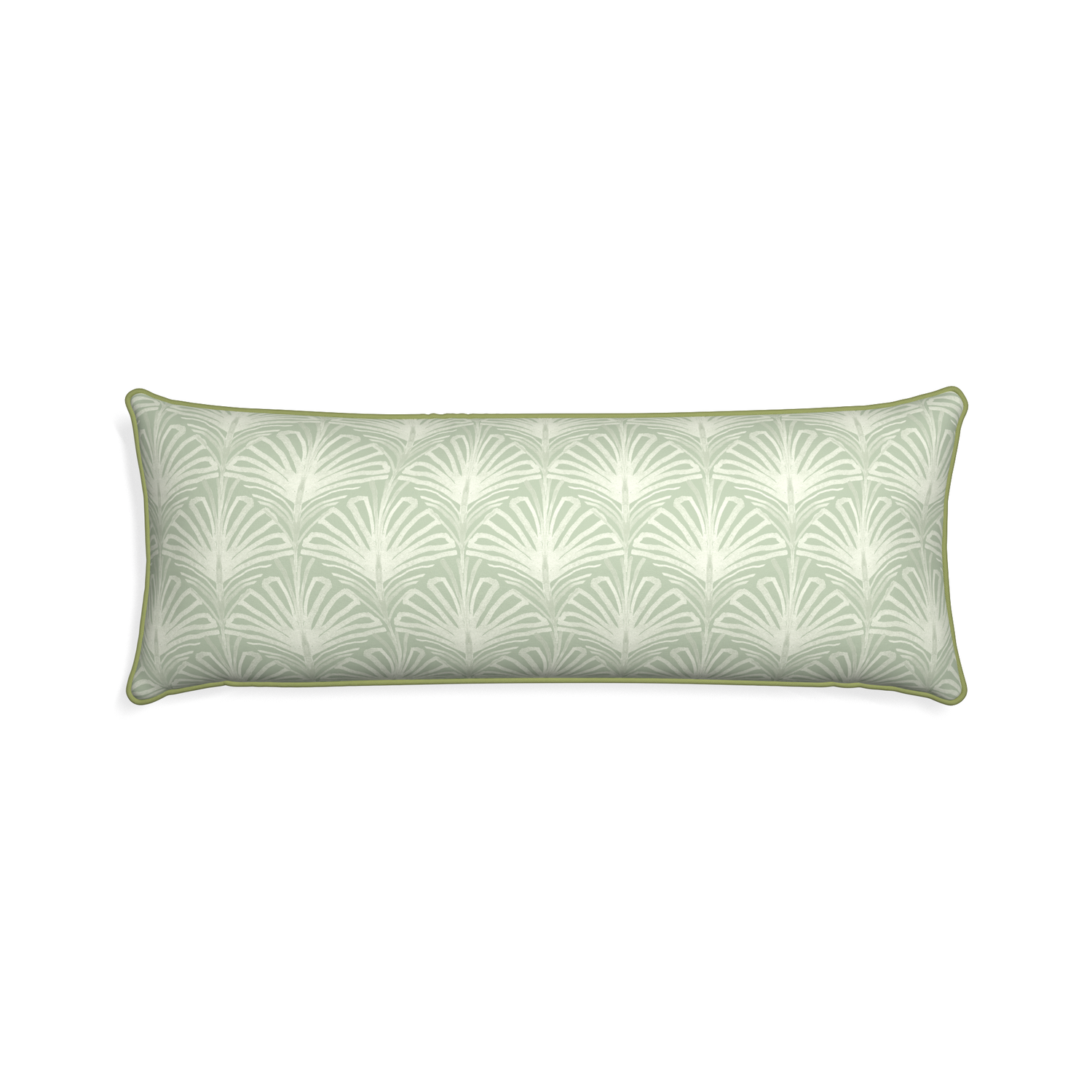 Xl-lumbar suzy sage custom pillow with moss piping on white background