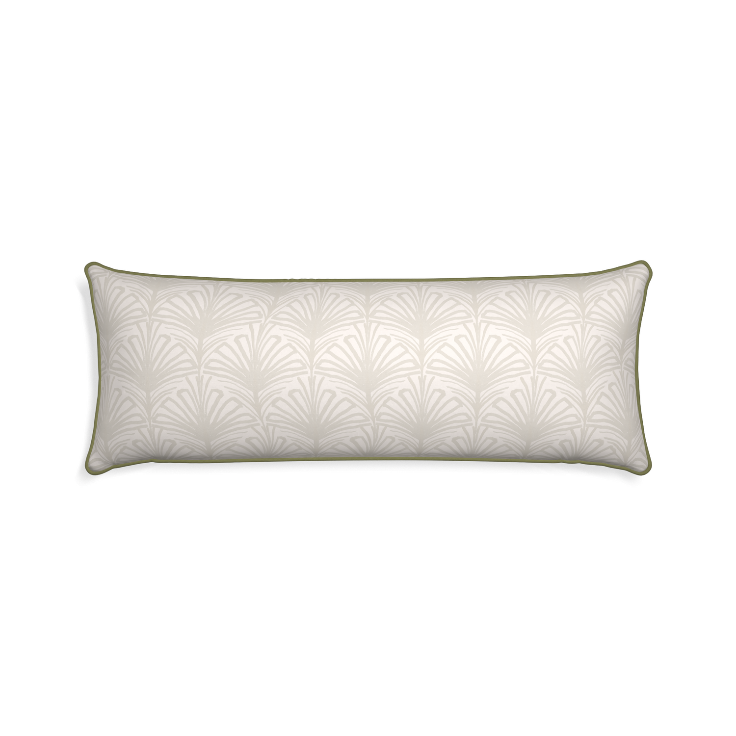 Xl-lumbar suzy sand custom beige palmpillow with moss piping on white background