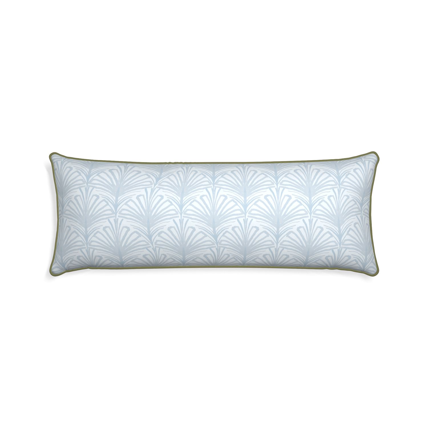 Xl-lumbar suzy sky custom pillow with moss piping on white background