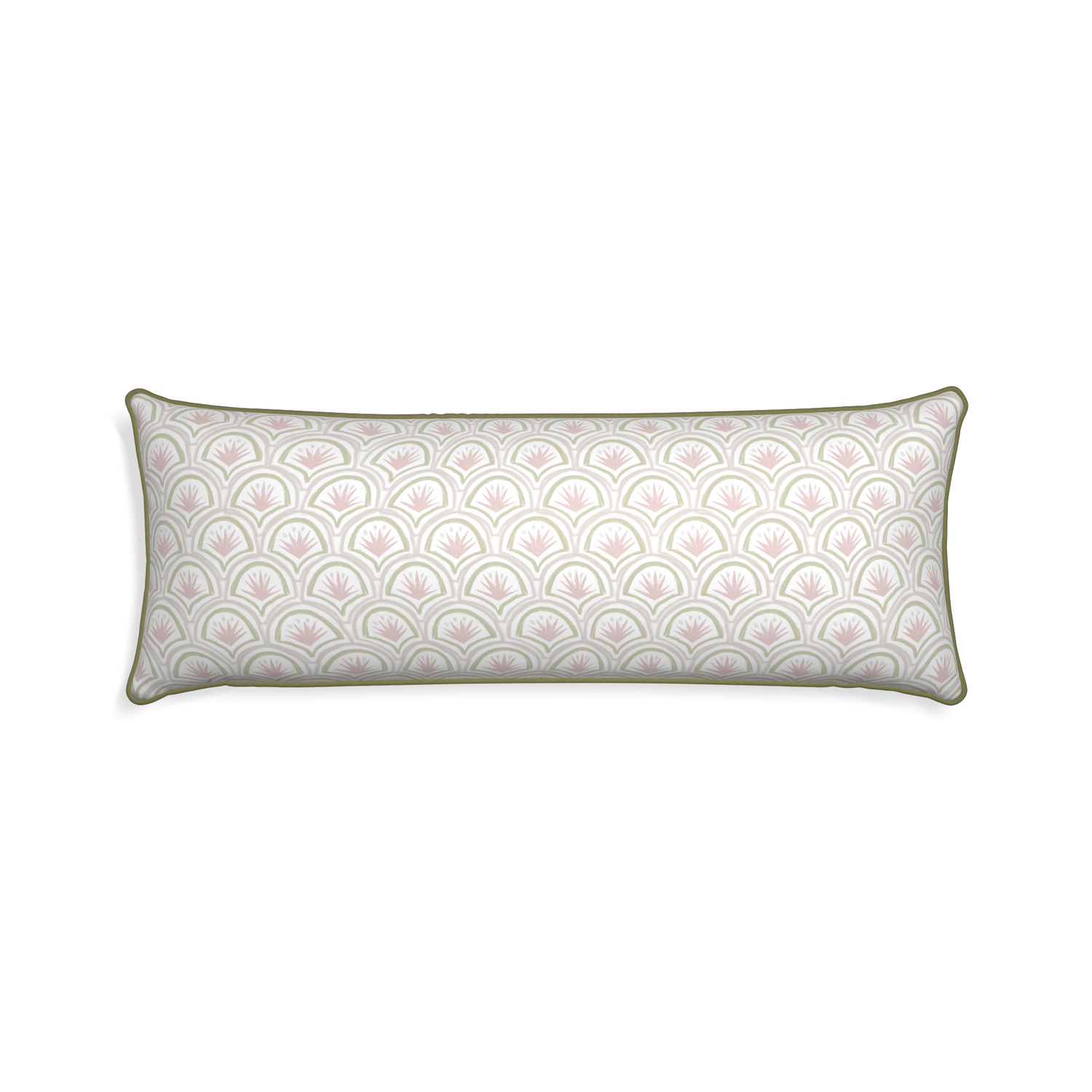 Xl-lumbar thatcher rose custom pillow with moss piping on white background
