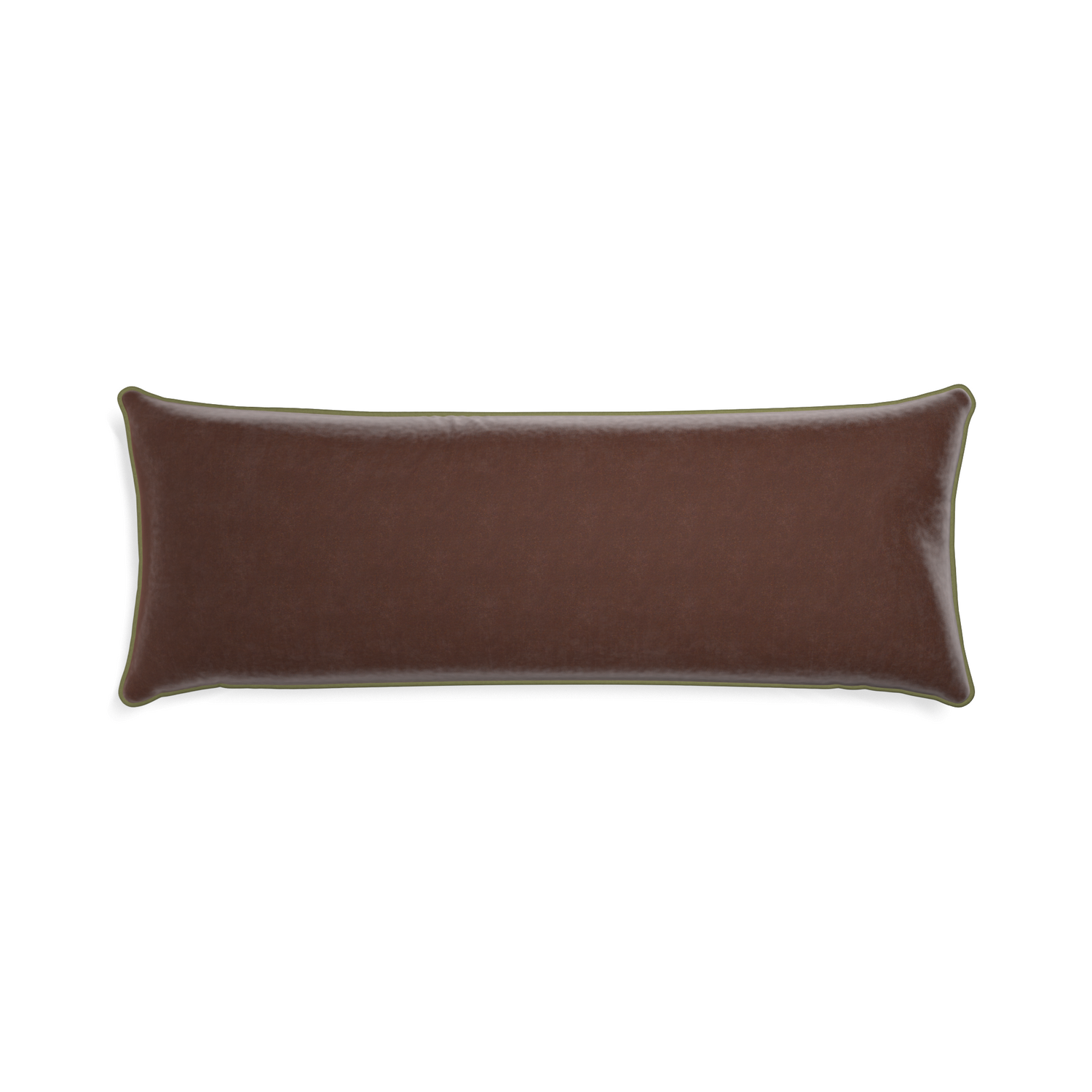 Xl-lumbar walnut velvet custom pillow with moss piping on white background