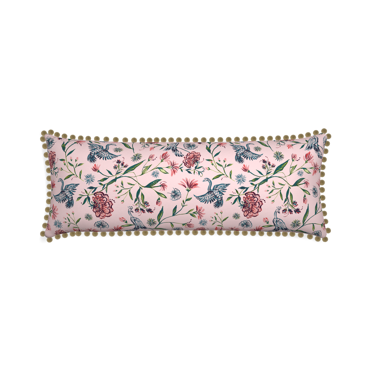 Xl-lumbar daphne rose custom pillow with olive pom pom on white background