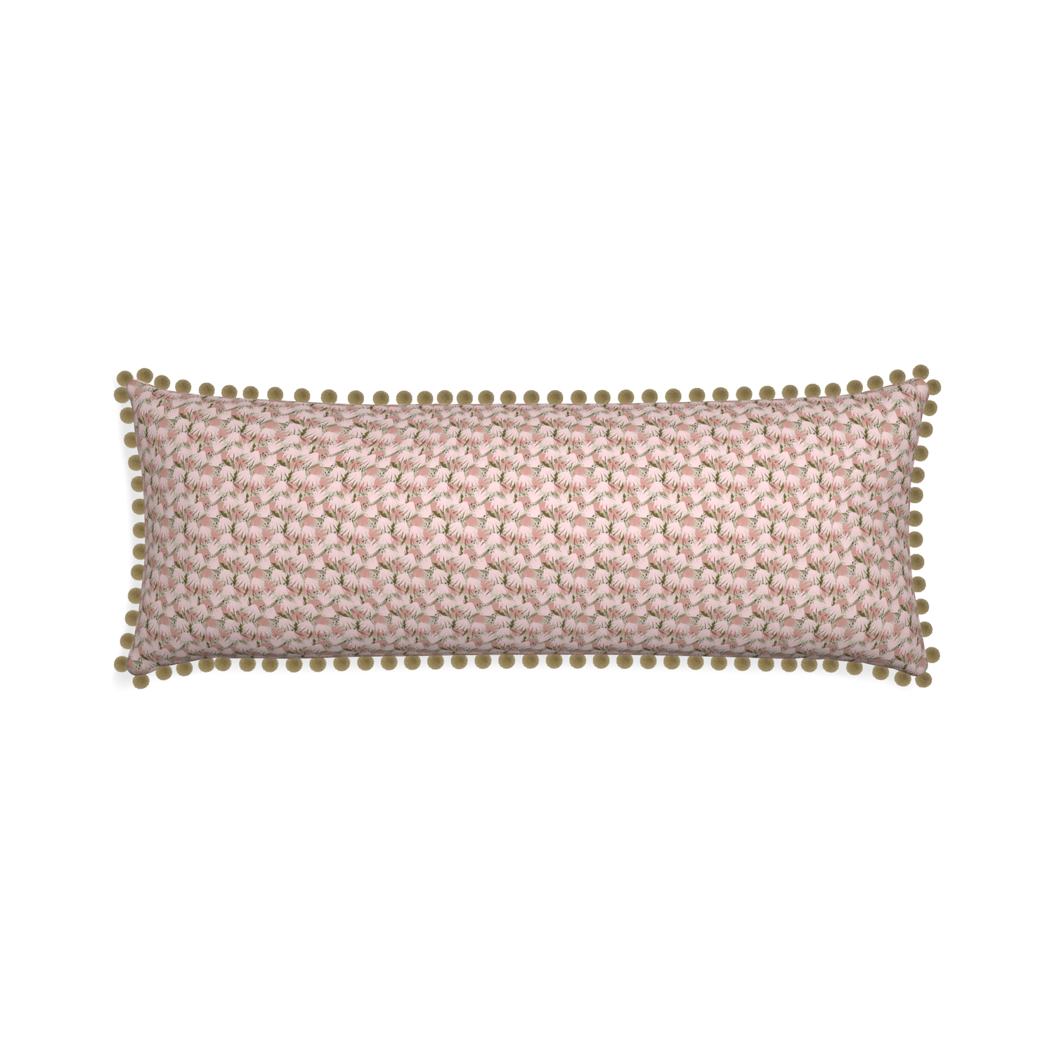 Xl-lumbar eden pink custom pink floralpillow with olive pom pom on white background