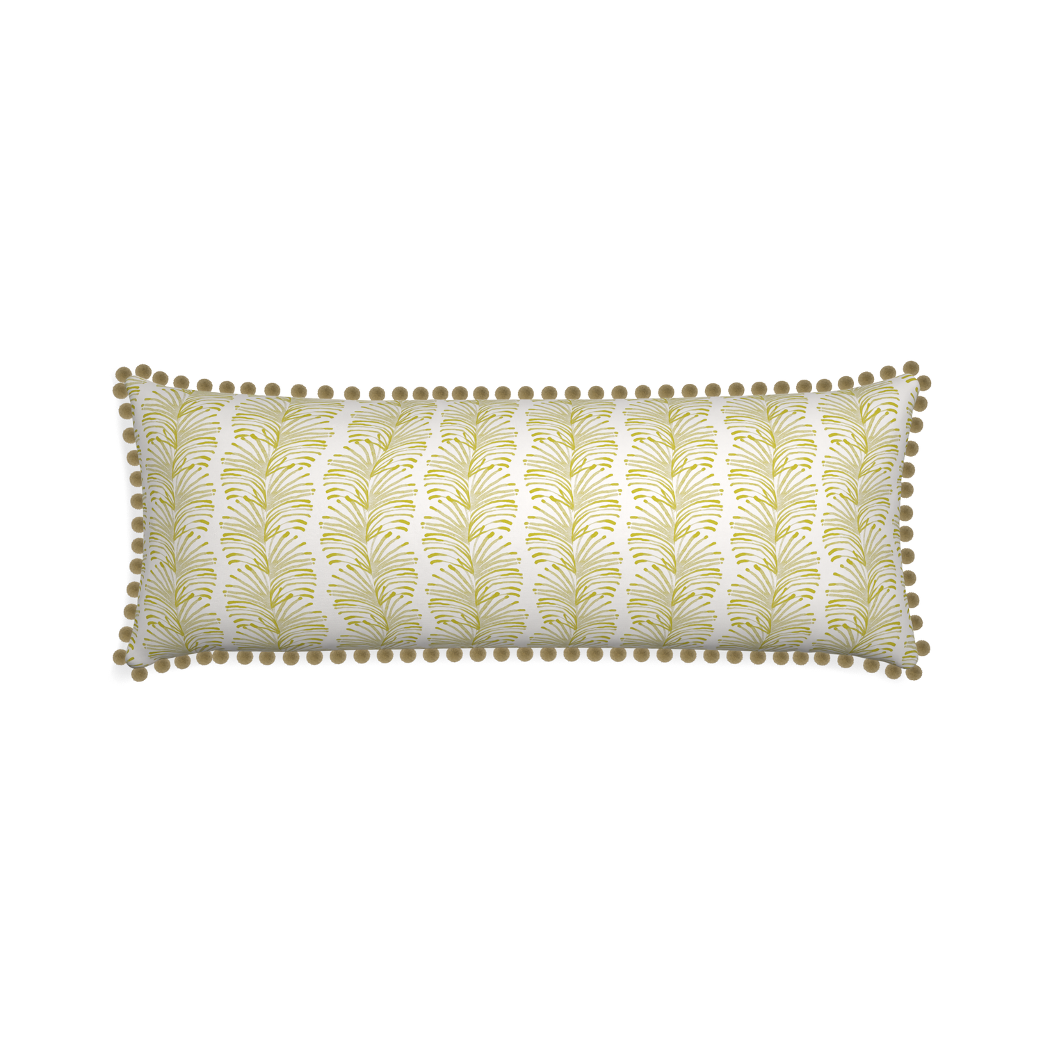 Xl-lumbar emma chartreuse custom pillow with olive pom pom on white background