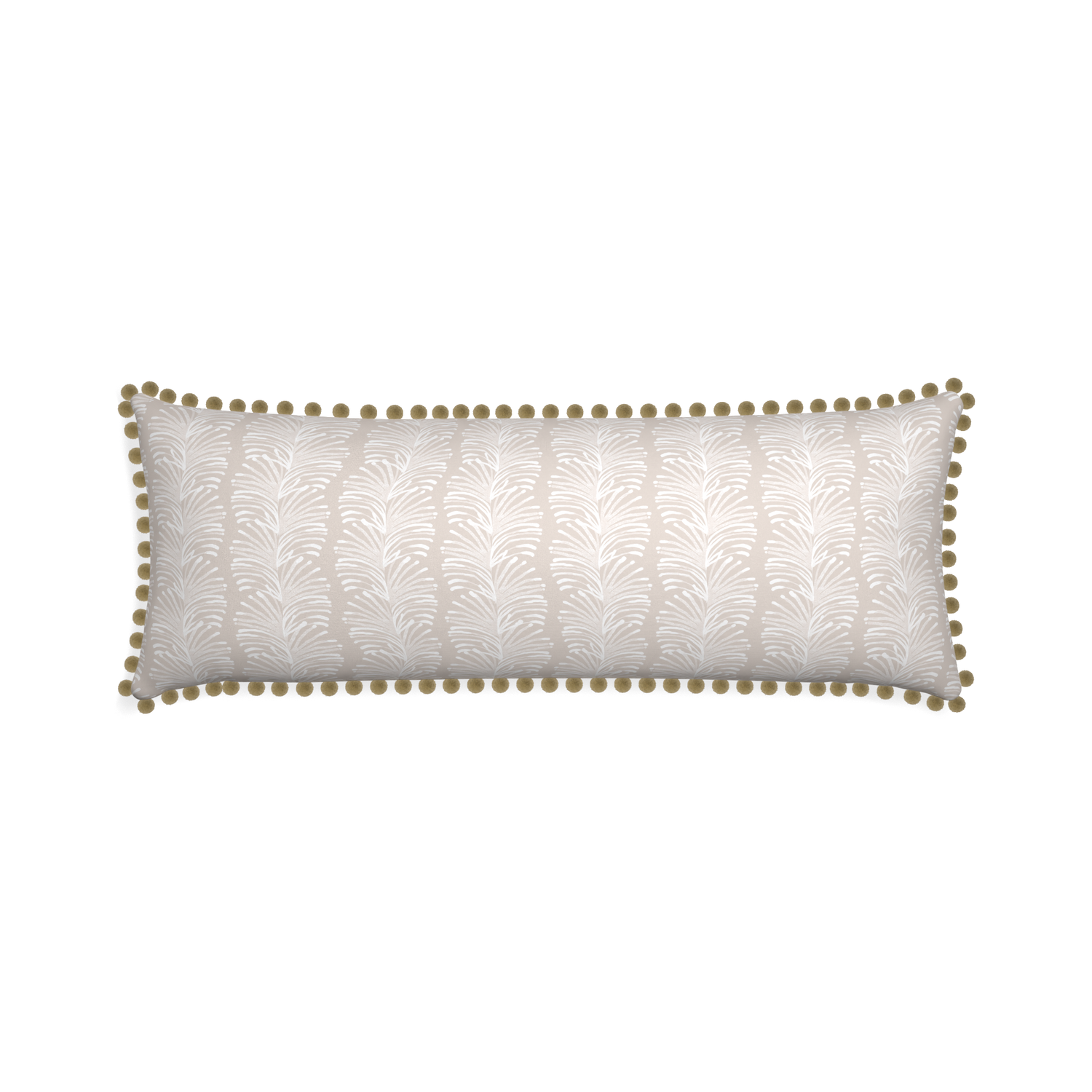 Xl-lumbar emma sand custom pillow with olive pom pom on white background