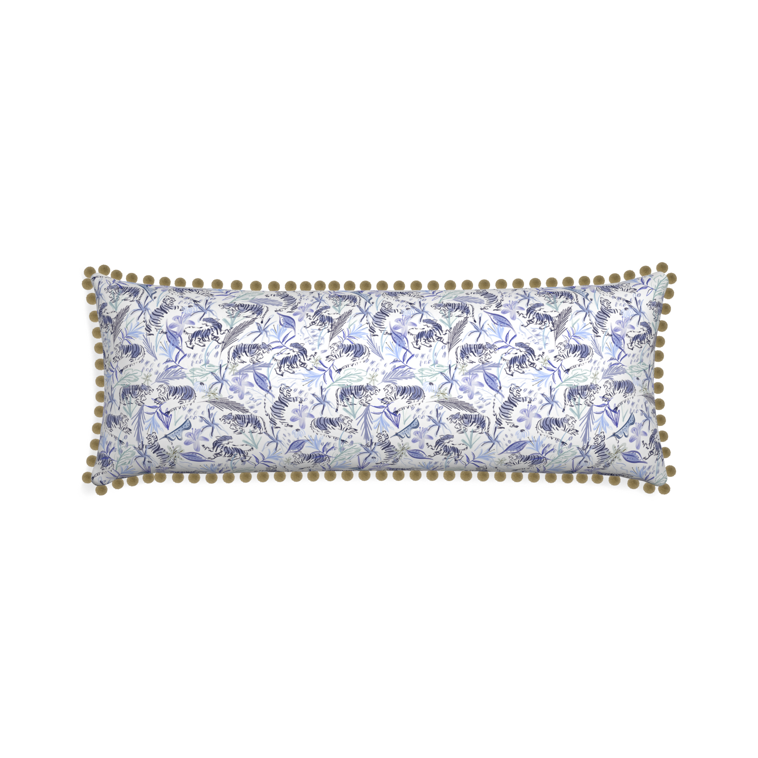 Xl-lumbar frida blue custom blue with intricate tiger designpillow with olive pom pom on white background