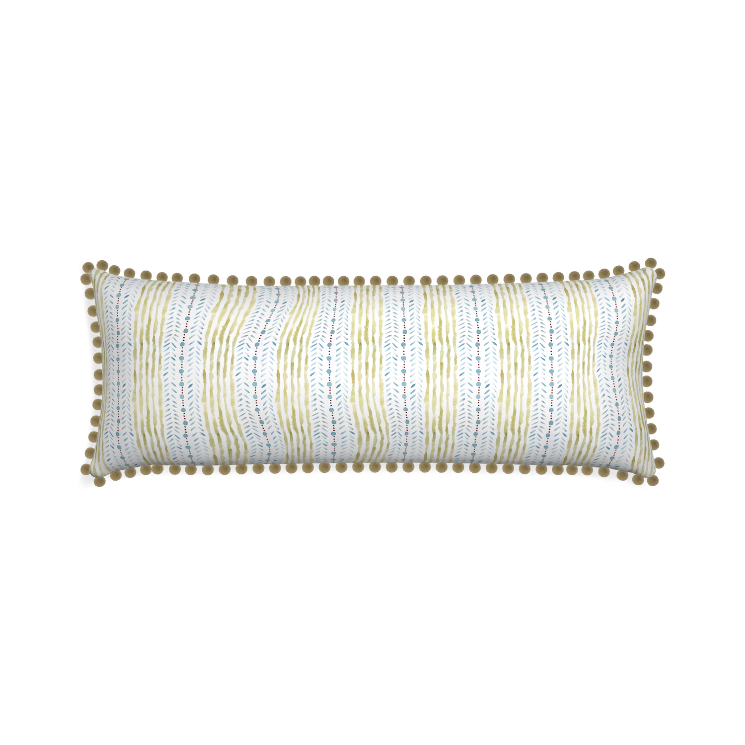 Xl-lumbar julia custom blue & green stripedpillow with olive pom pom on white background