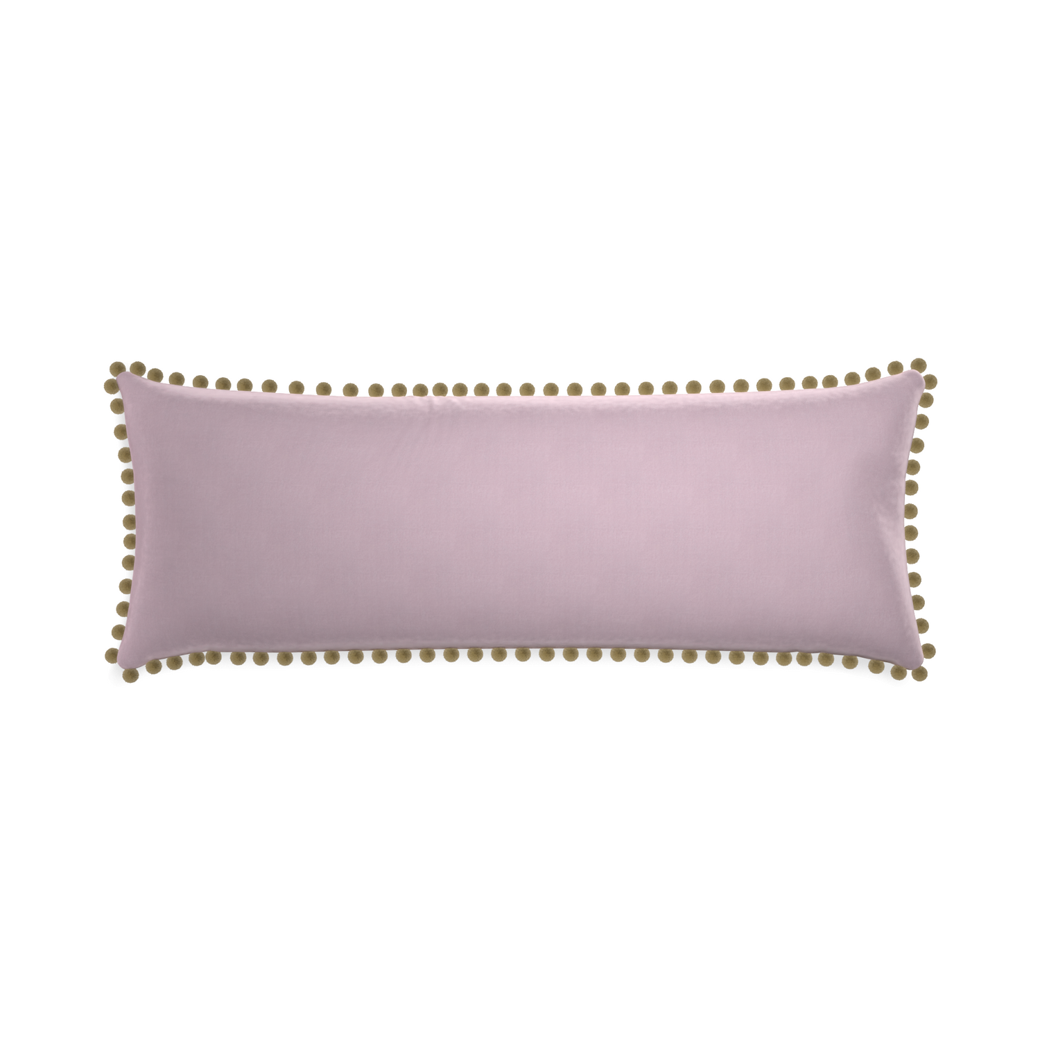 Xl-lumbar lilac velvet custom pillow with olive pom pom on white background