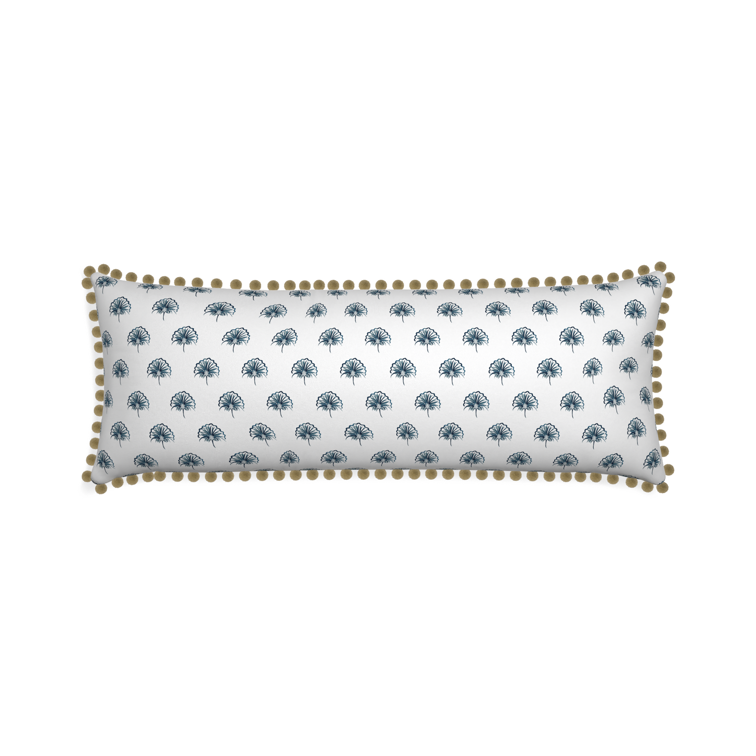 Xl-lumbar penelope midnight custom floral navypillow with olive pom pom on white background