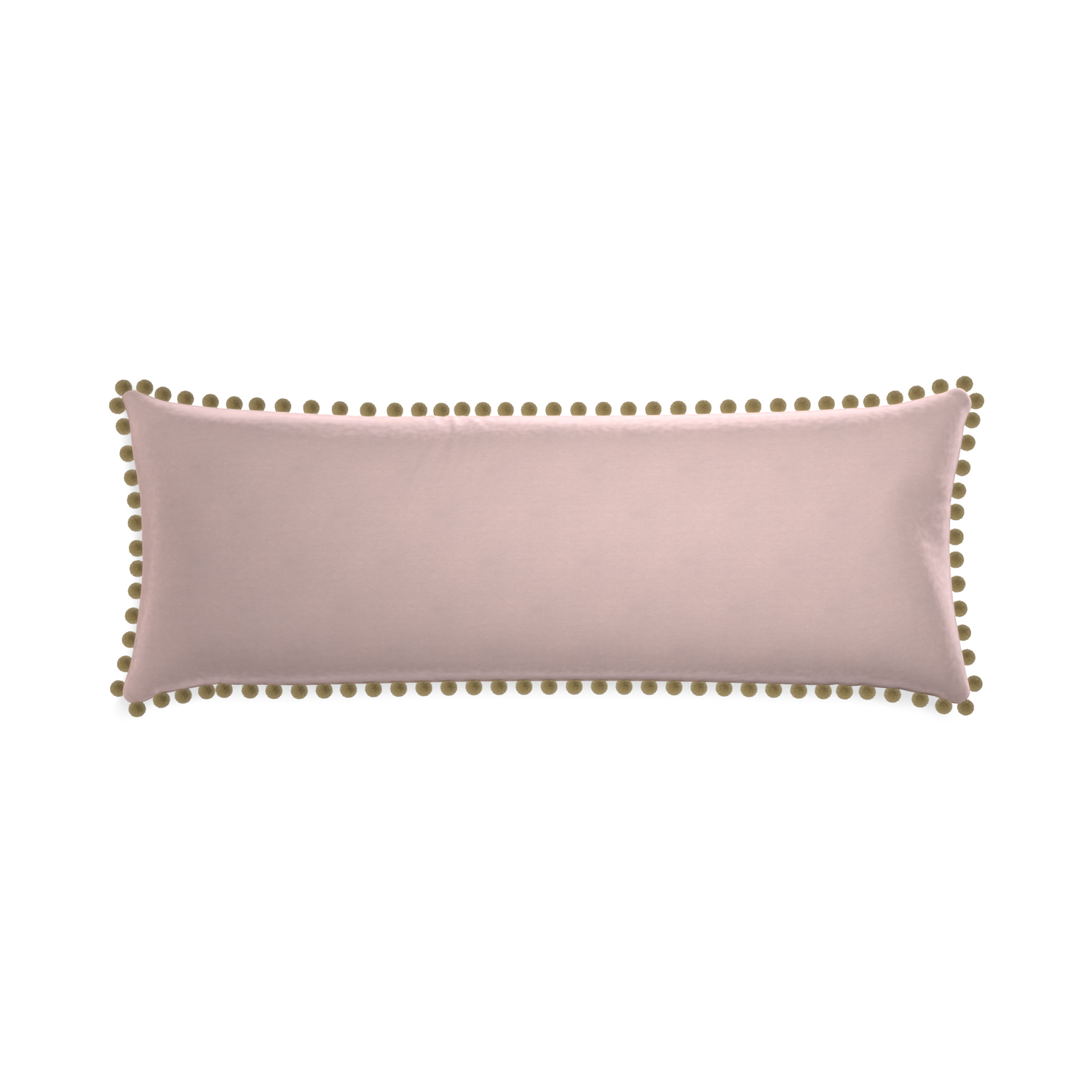 rectangle light pink velvet pillow with olive green pom poms