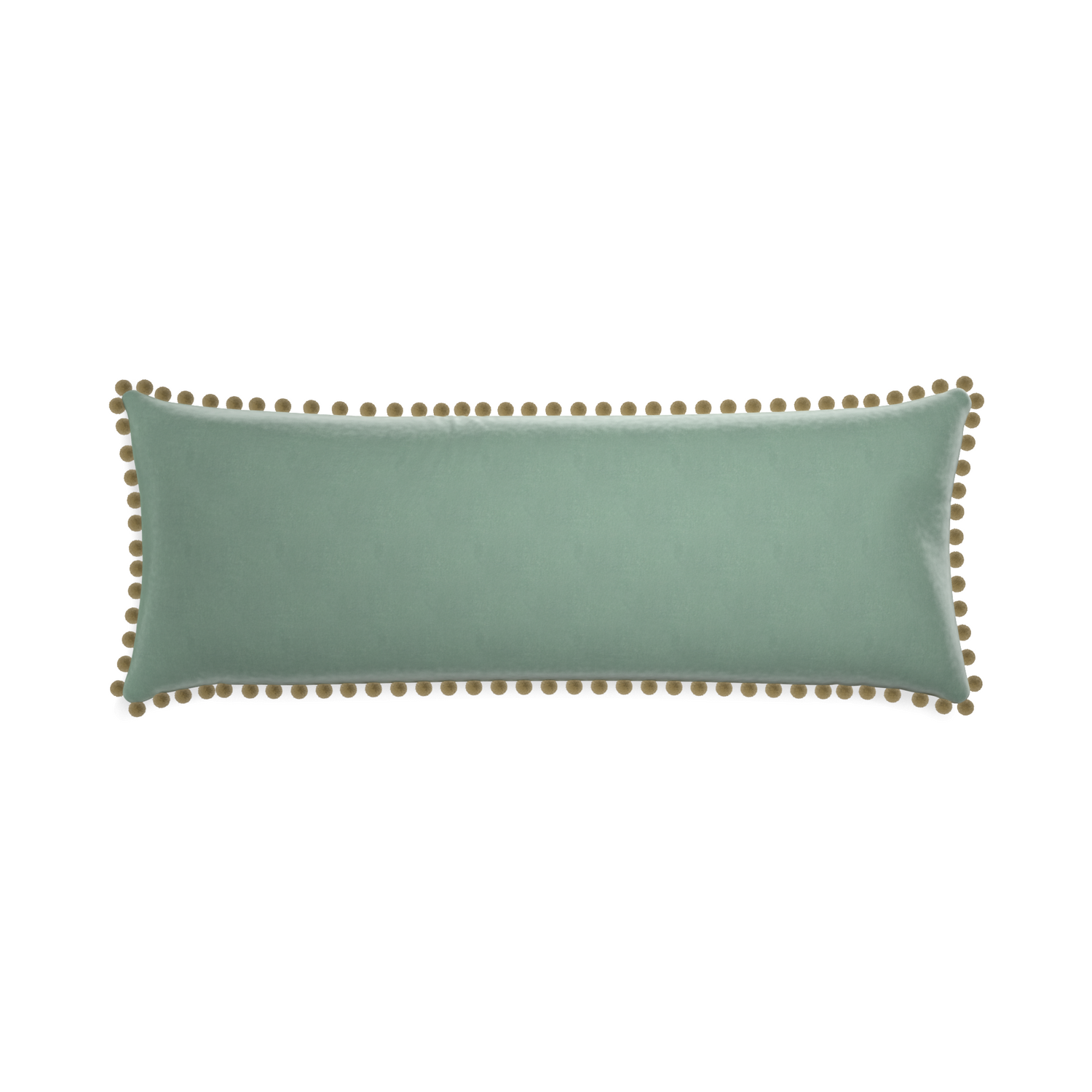 rectangle blue green velvet pillow with olive green pom poms