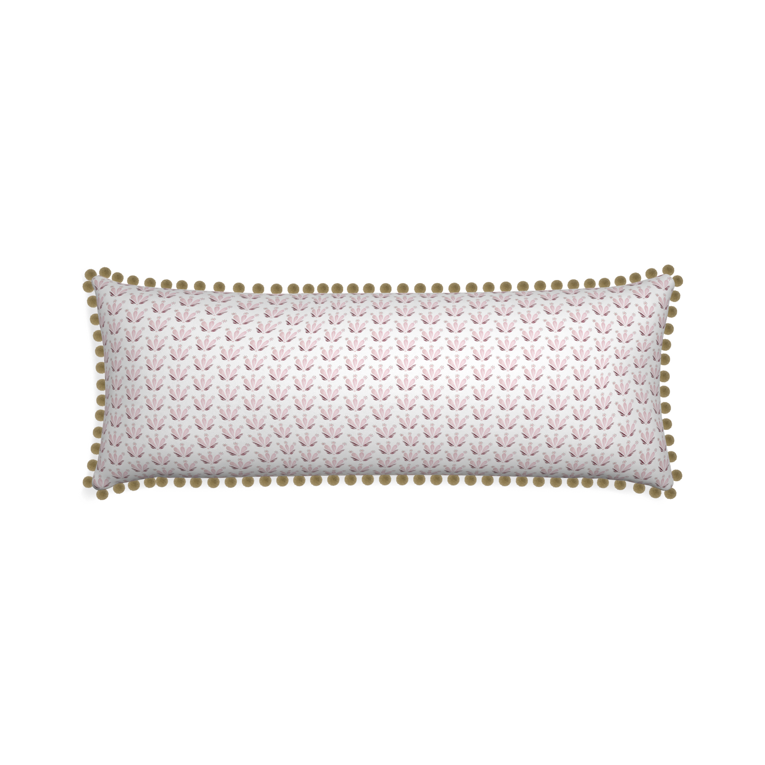 Xl-lumbar serena pink custom pink & burgundy drop repeat floralpillow with olive pom pom on white background
