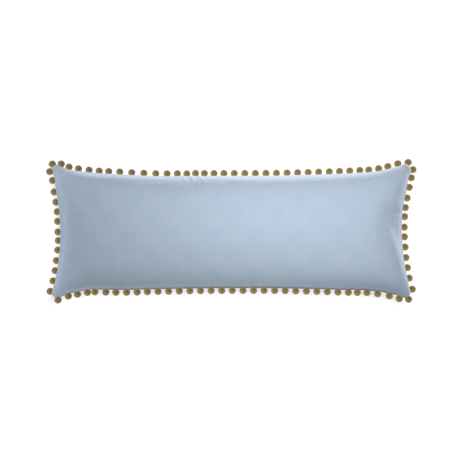 rectangle light blue velvet pillow with olive green pom pom