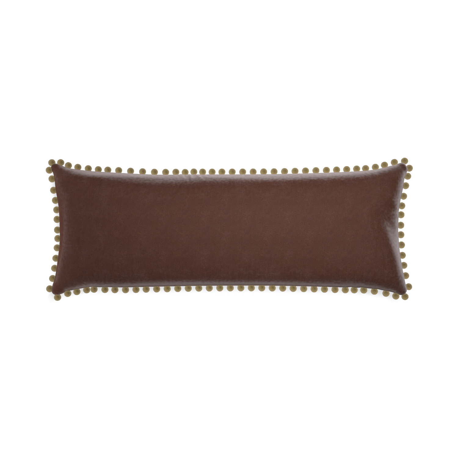 rectangle brown velvet pillow with olive green pom poms