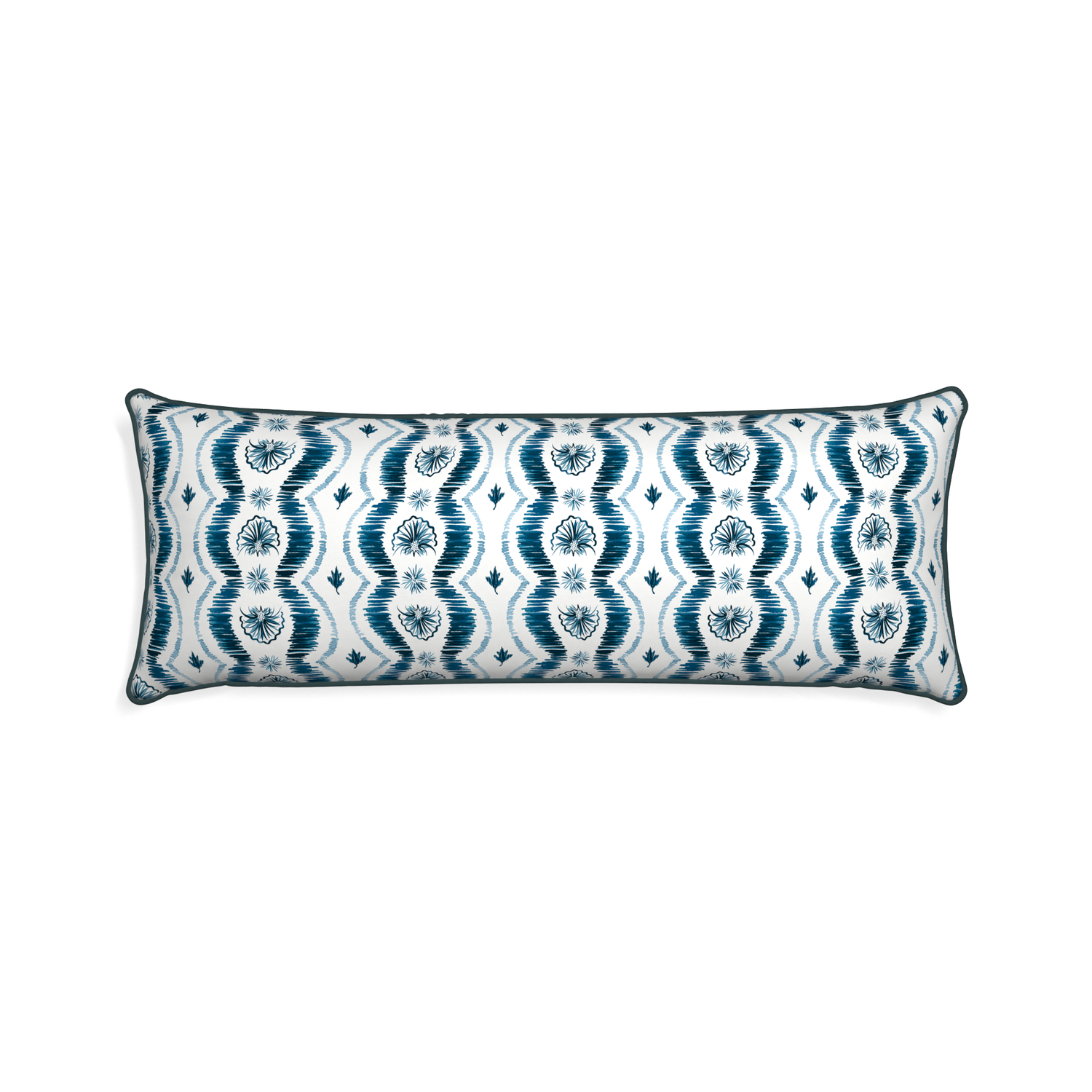 Xl-lumbar alice custom blue ikatpillow with p piping on white background