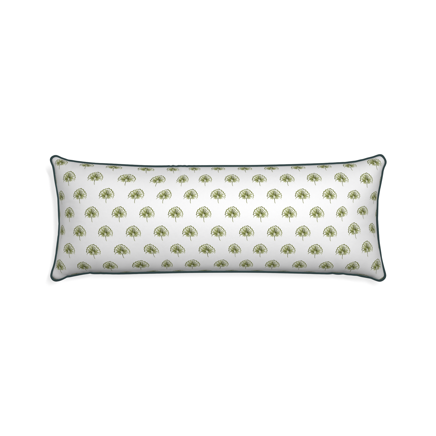 Xl-lumbar penelope moss custom green floralpillow with p piping on white background