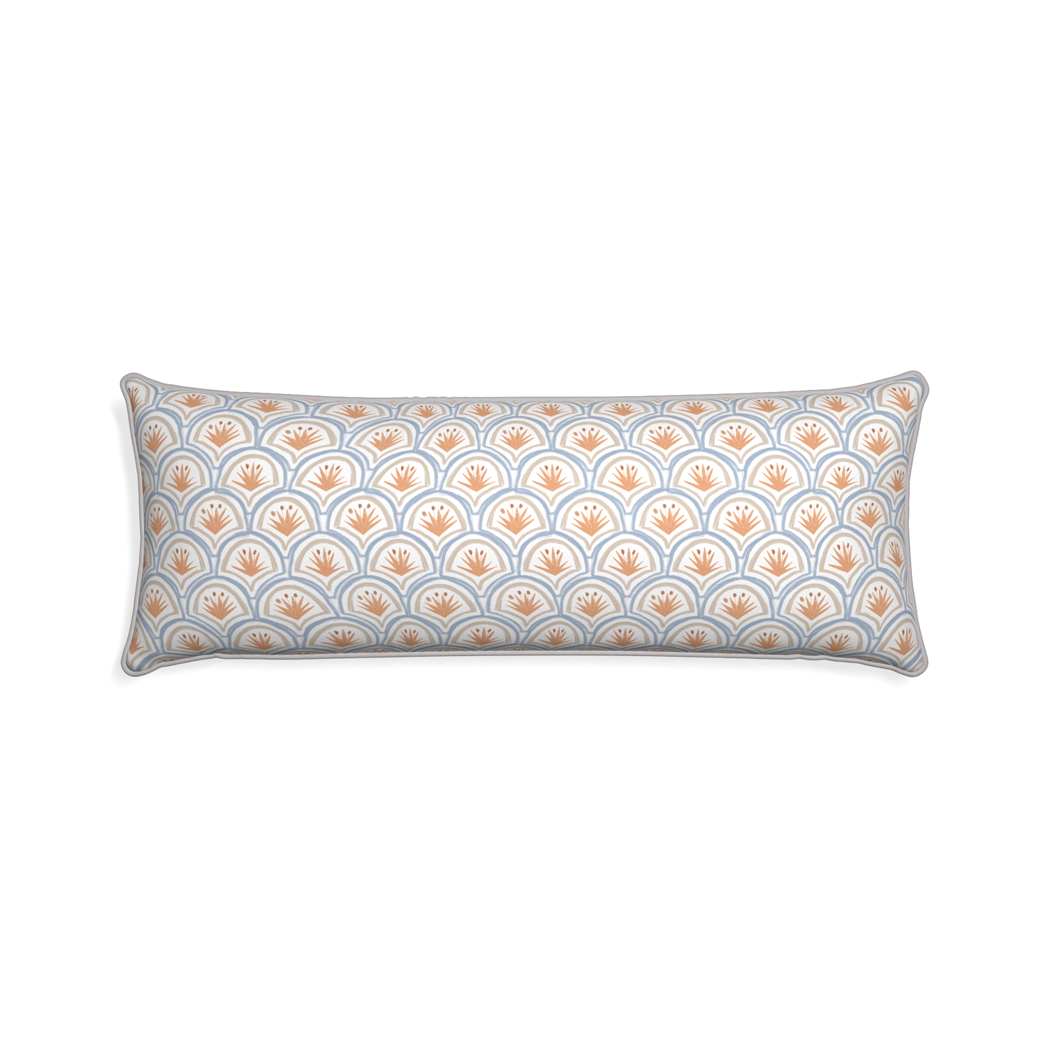 Xl-lumbar thatcher apricot custom pillow with pebble piping on white background