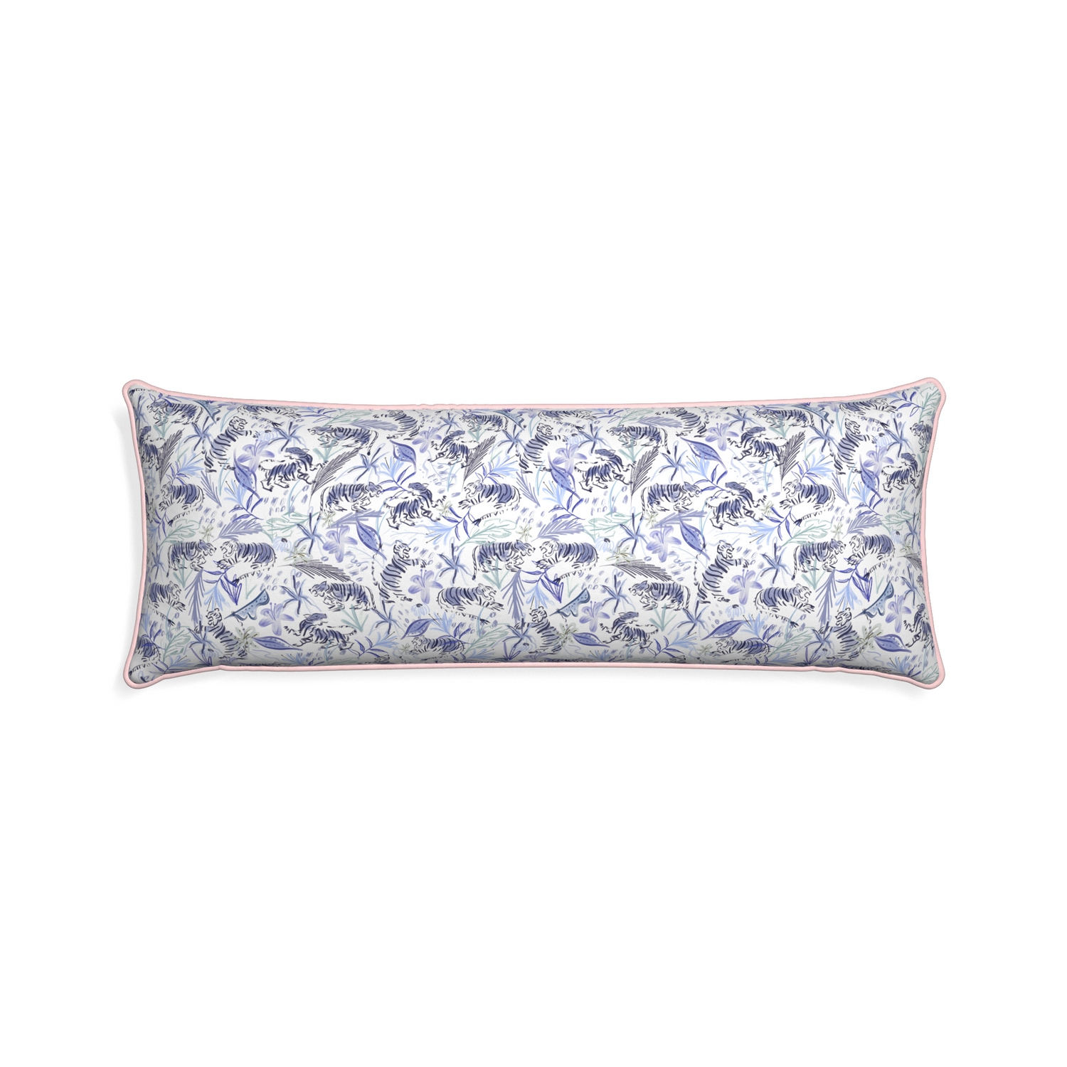 Xl-lumbar frida blue custom blue with intricate tiger designpillow with petal piping on white background