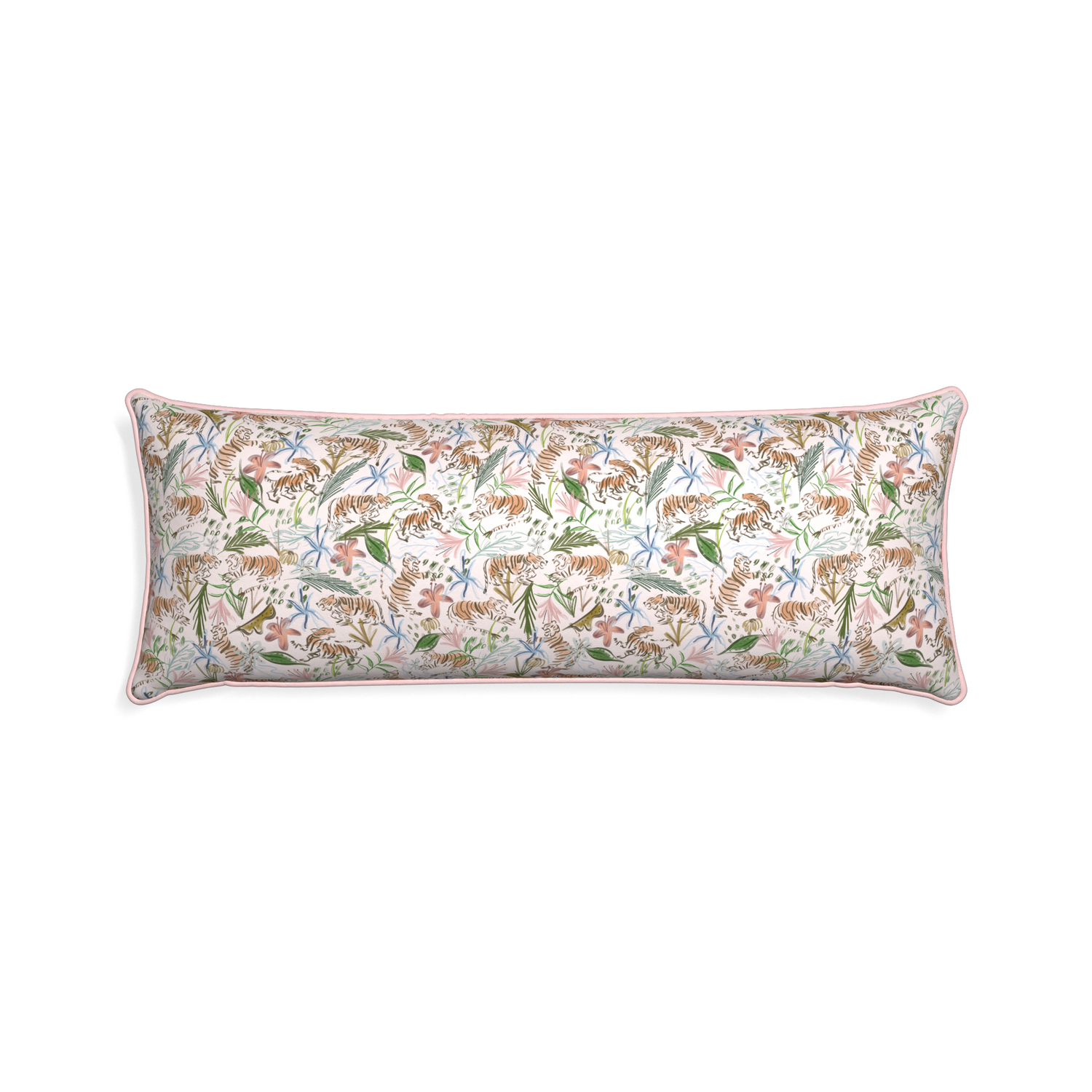 Xl-lumbar frida pink custom pink chinoiserie tigerpillow with petal piping on white background