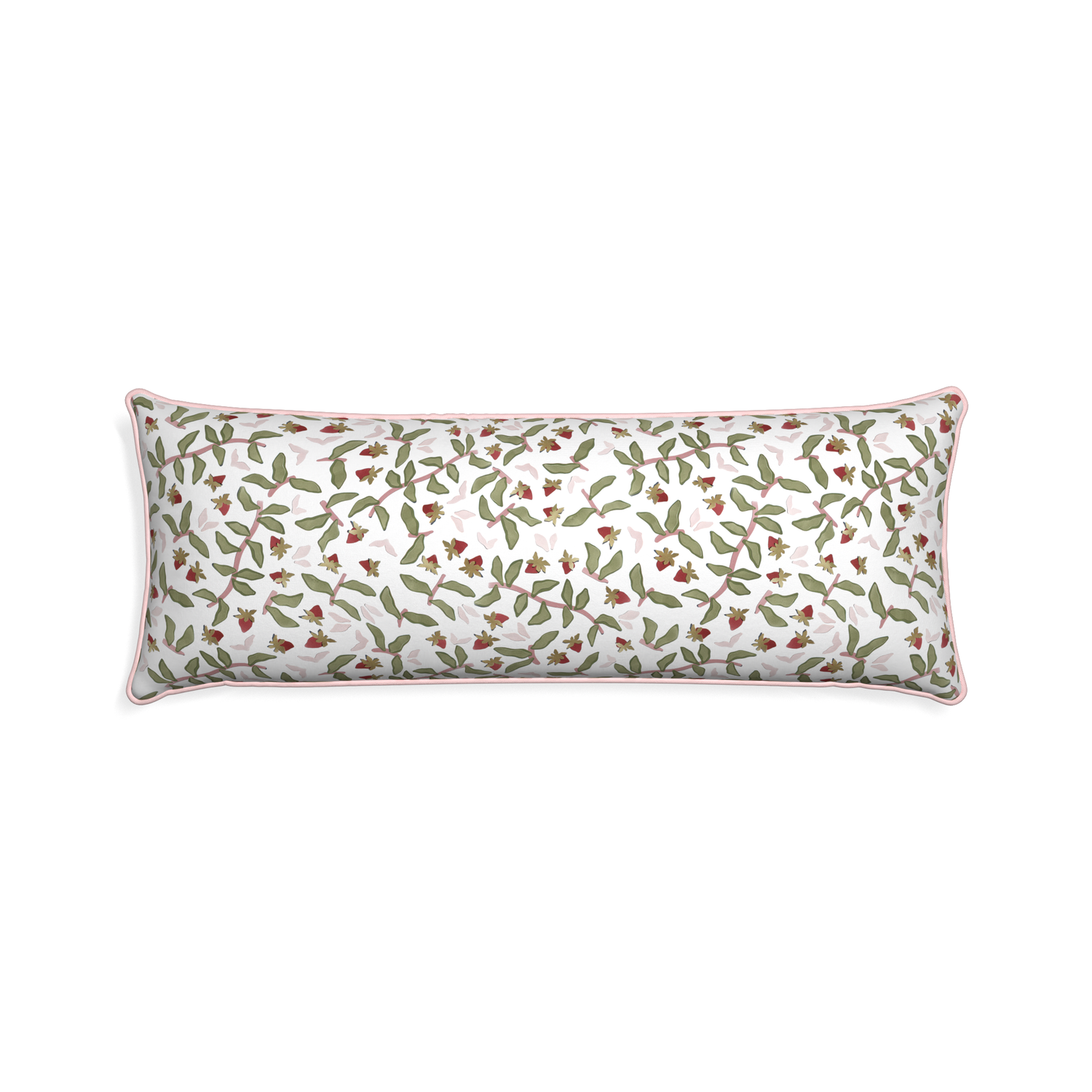 Xl-lumbar nellie custom strawberry & botanicalpillow with petal piping on white background