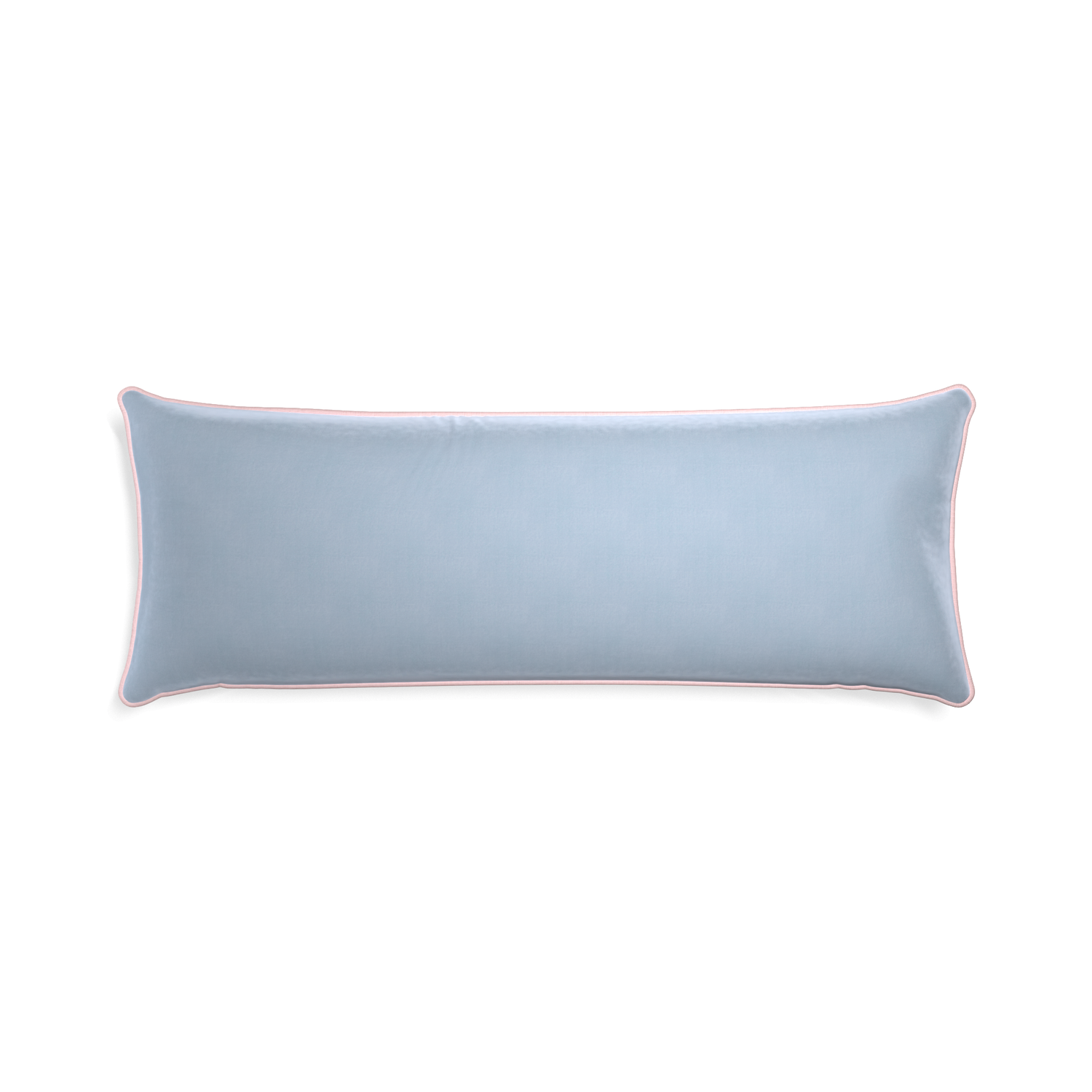 rectangle light blue velvet pillow with light pink piping 