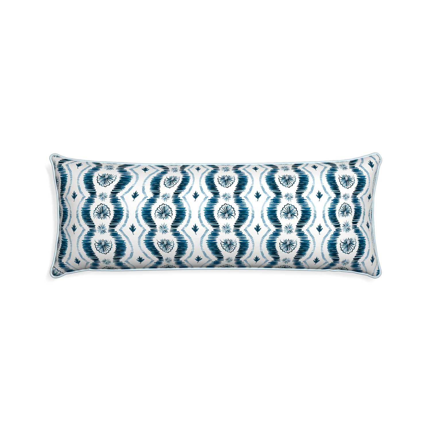 Xl-lumbar alice custom blue ikatpillow with powder piping on white background