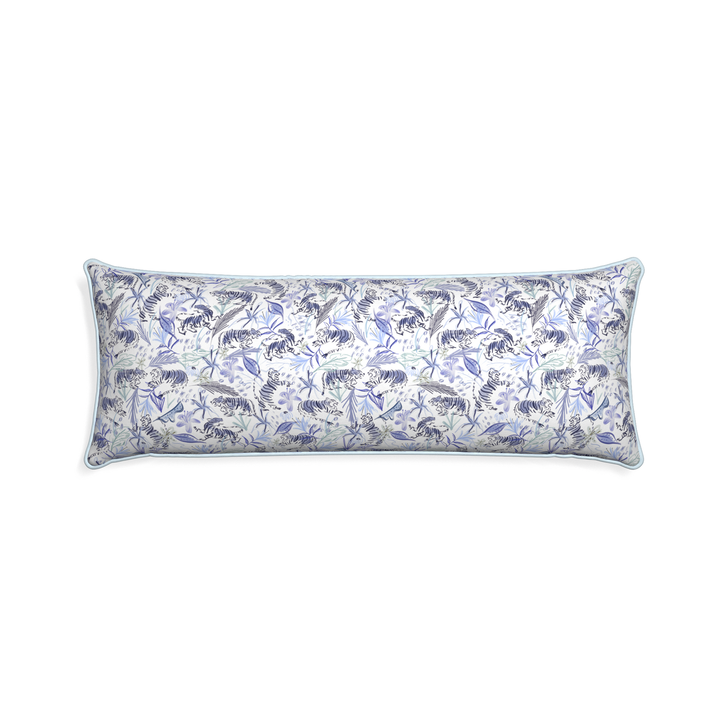Xl-lumbar frida blue custom blue with intricate tiger designpillow with powder piping on white background