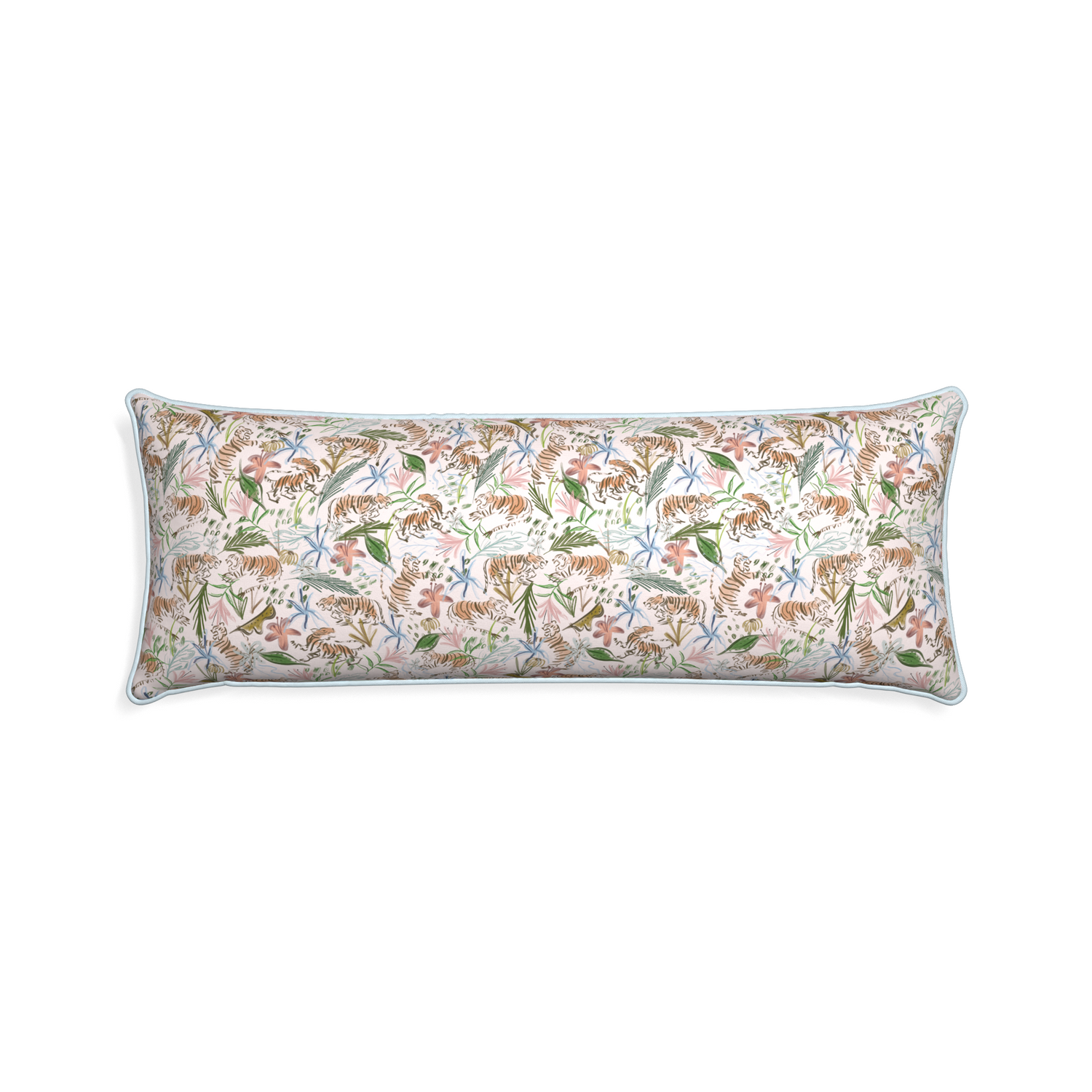 Xl-lumbar frida pink custom pink chinoiserie tigerpillow with powder piping on white background