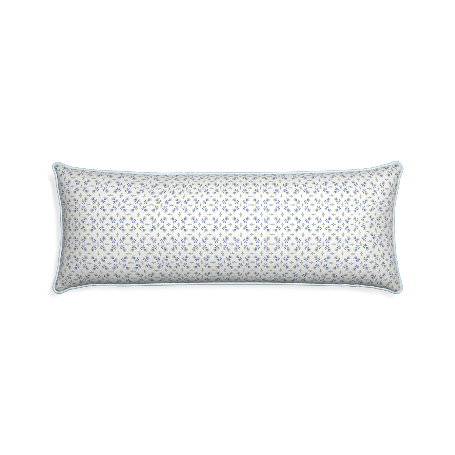 Xl-lumbar lee custom blue & green floralpillow with powder piping on white background