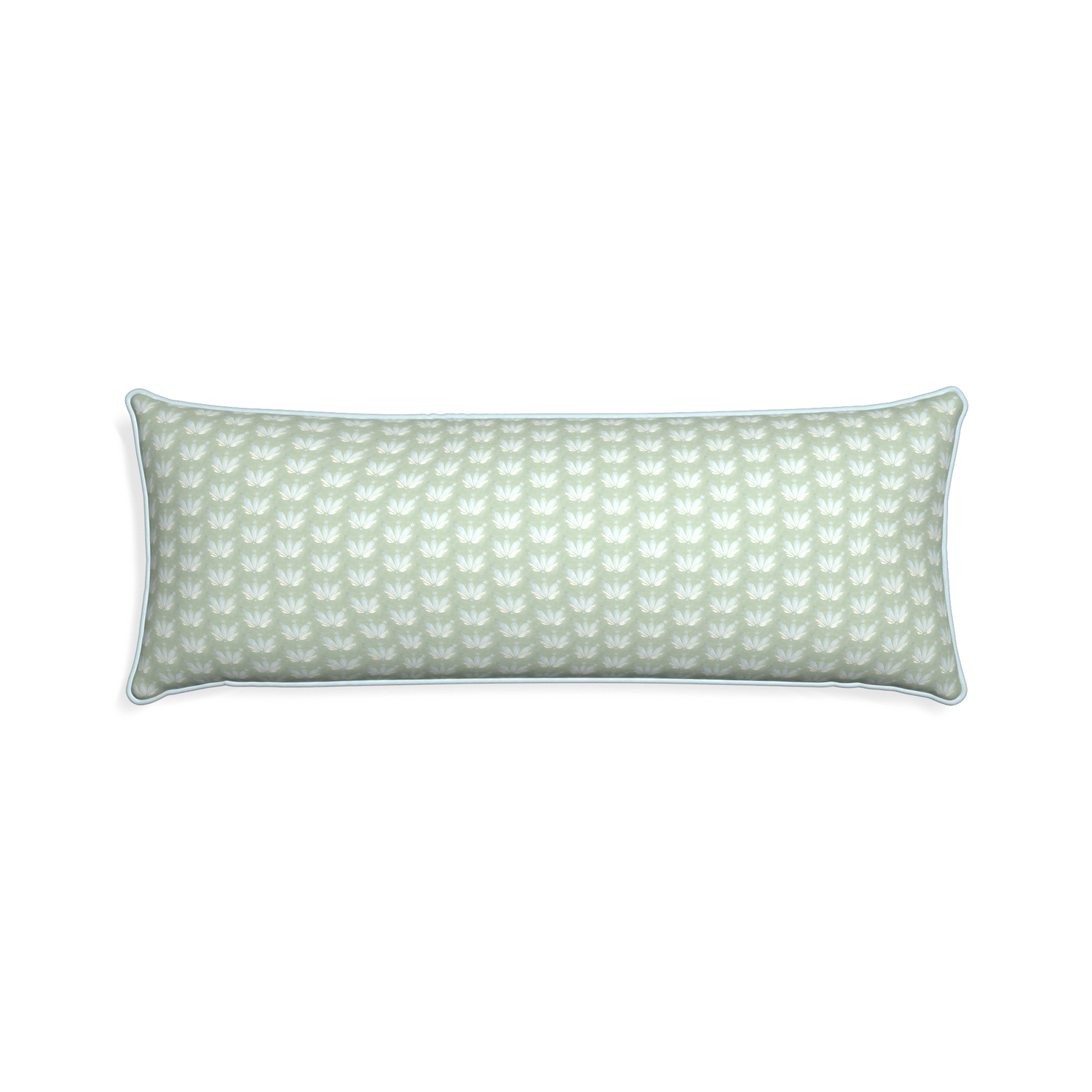 Xl-lumbar serena sea salt custom blue & green floral drop repeatpillow with powder piping on white background