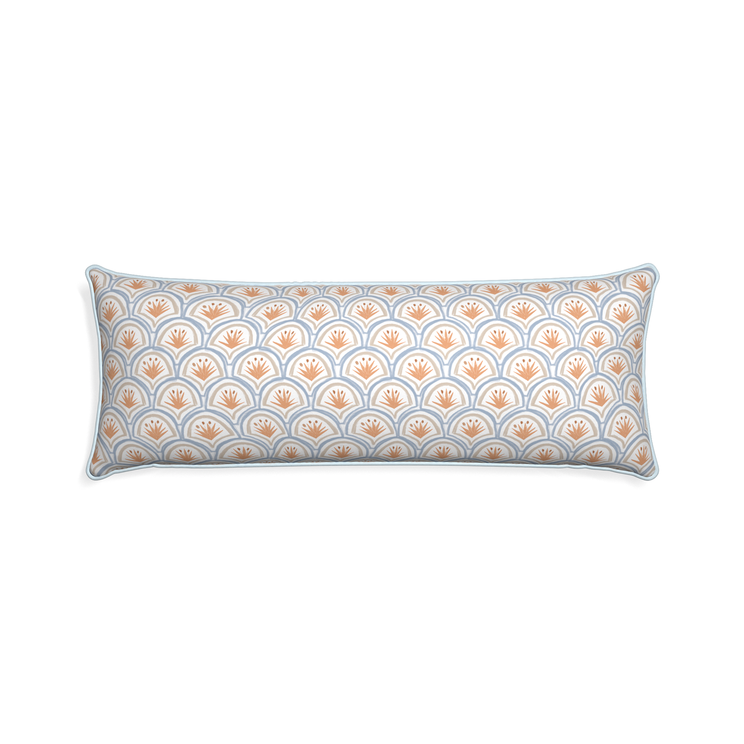 Xl-lumbar thatcher apricot custom art deco palm patternpillow with powder piping on white background