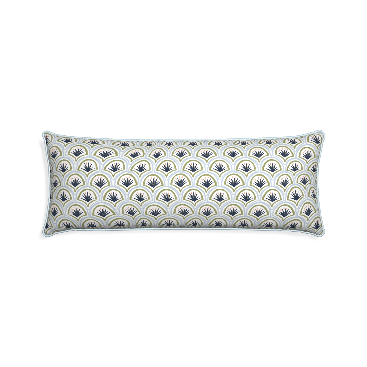 Xl-lumbar thatcher midnight custom art deco palm patternpillow with powder piping on white background