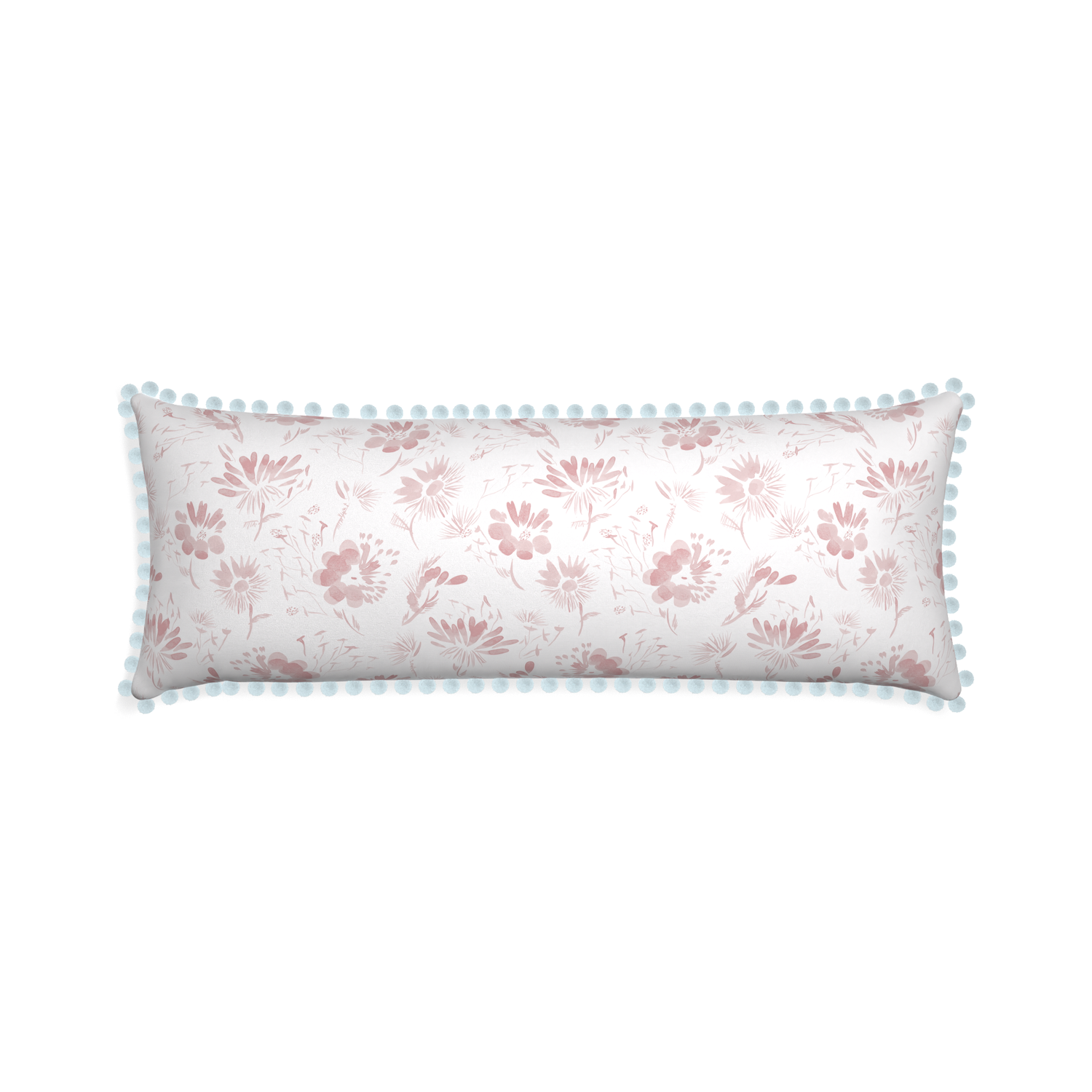 Xl-lumbar blake custom pink floralpillow with powder pom pom on white background