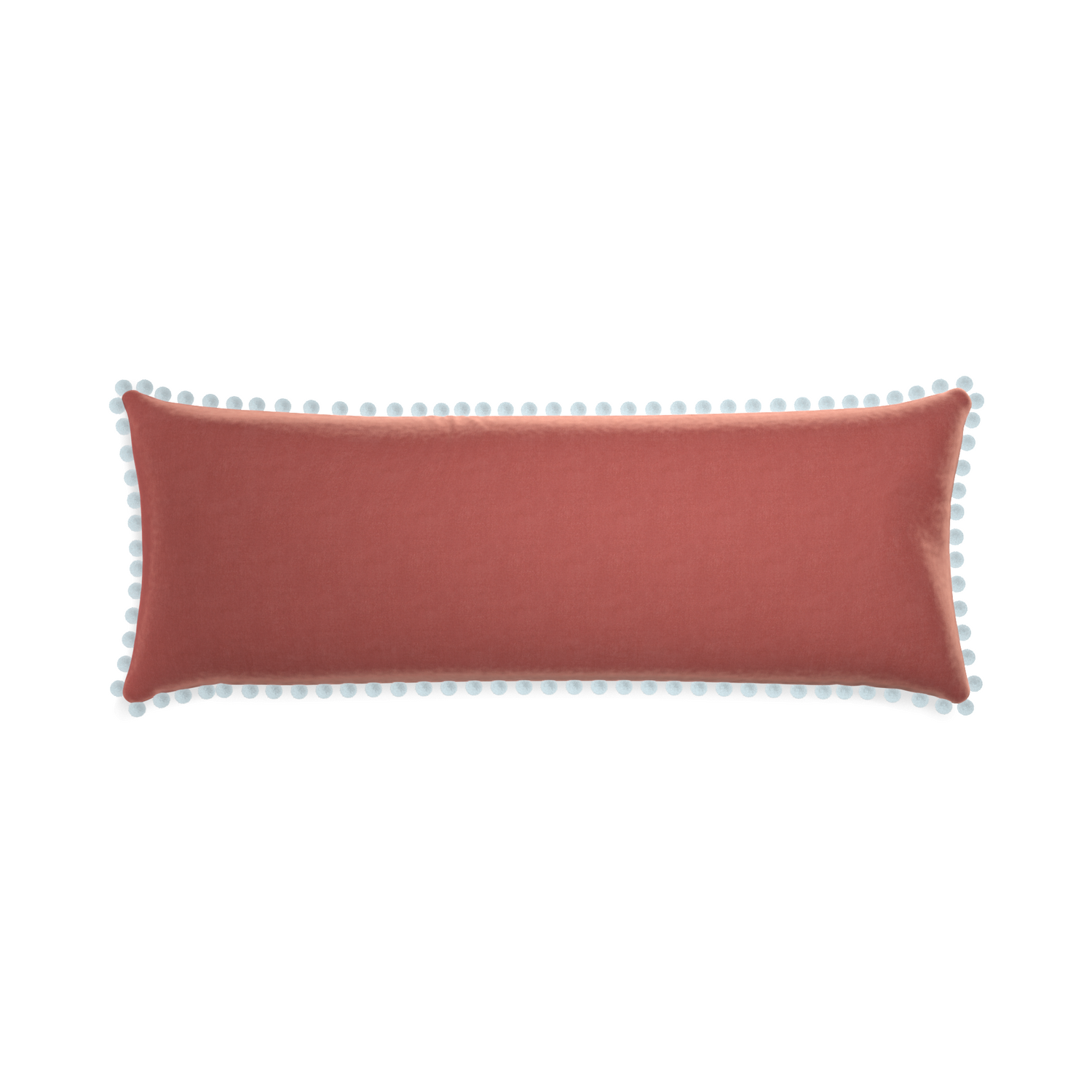 rectangle coral velvet pillow with light blue pom poms