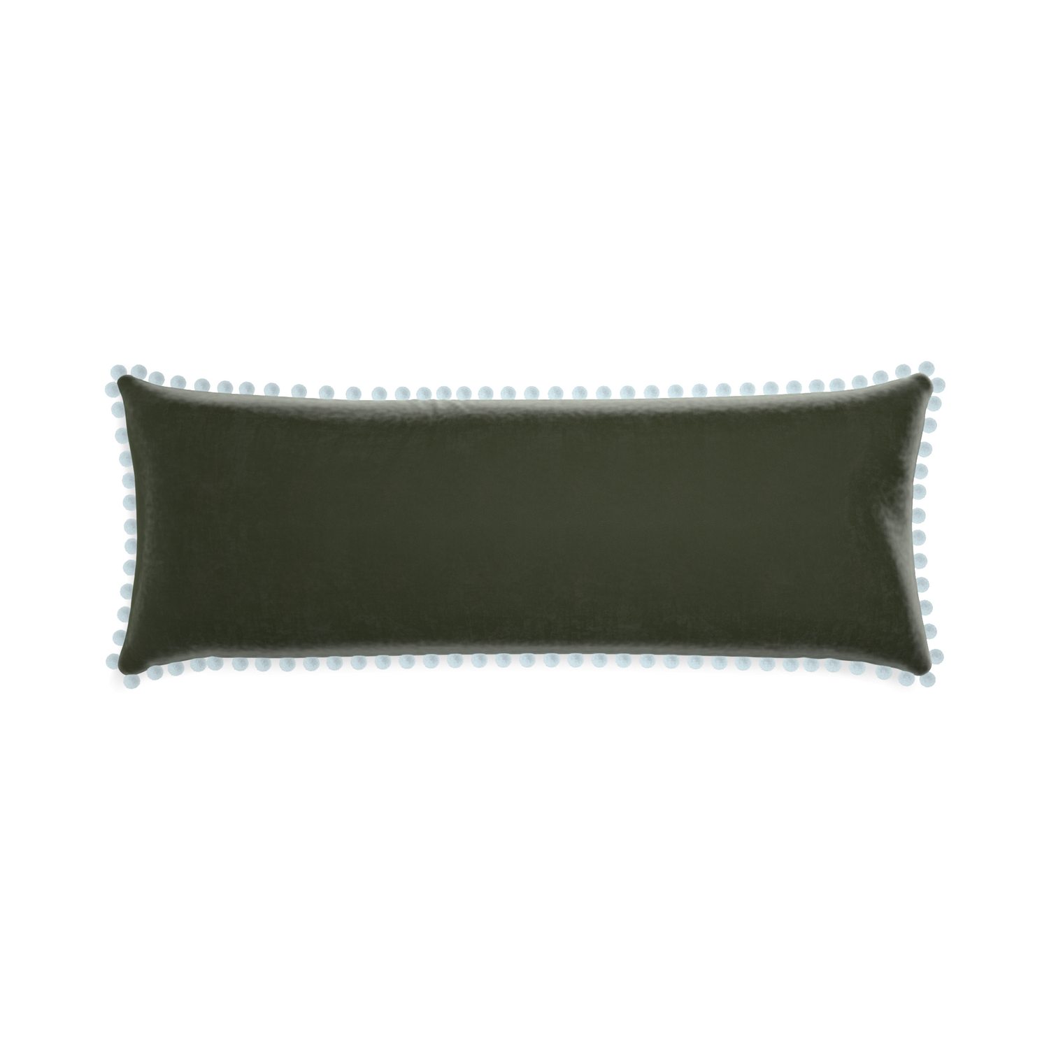 rectangle fern green velvet pillow with light blue pom poms