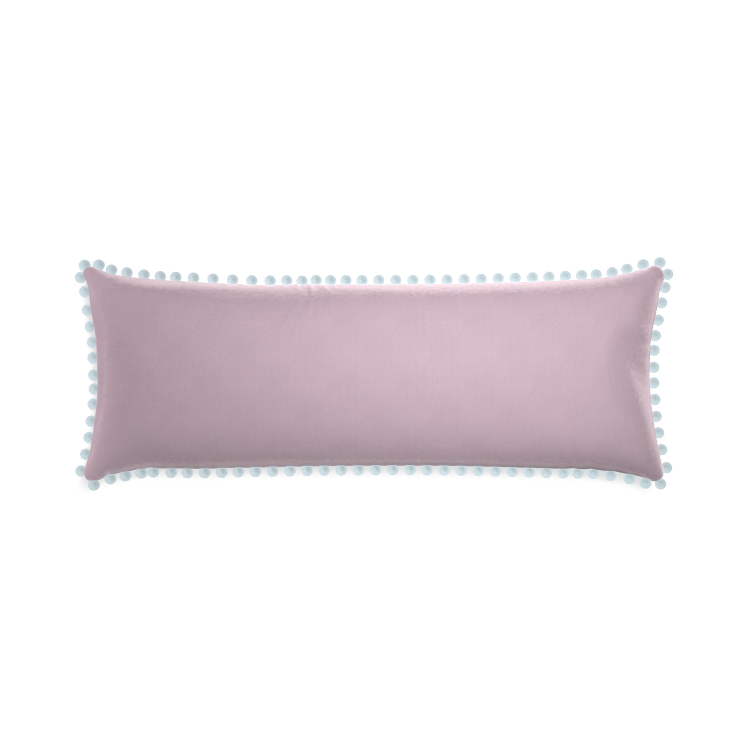 Xl-lumbar lilac velvet custom pillow with powder pom pom on white background
