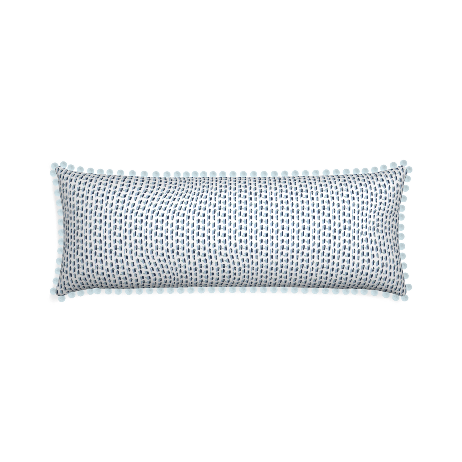 Xl-lumbar poppy blue custom pillow with powder pom pom on white background