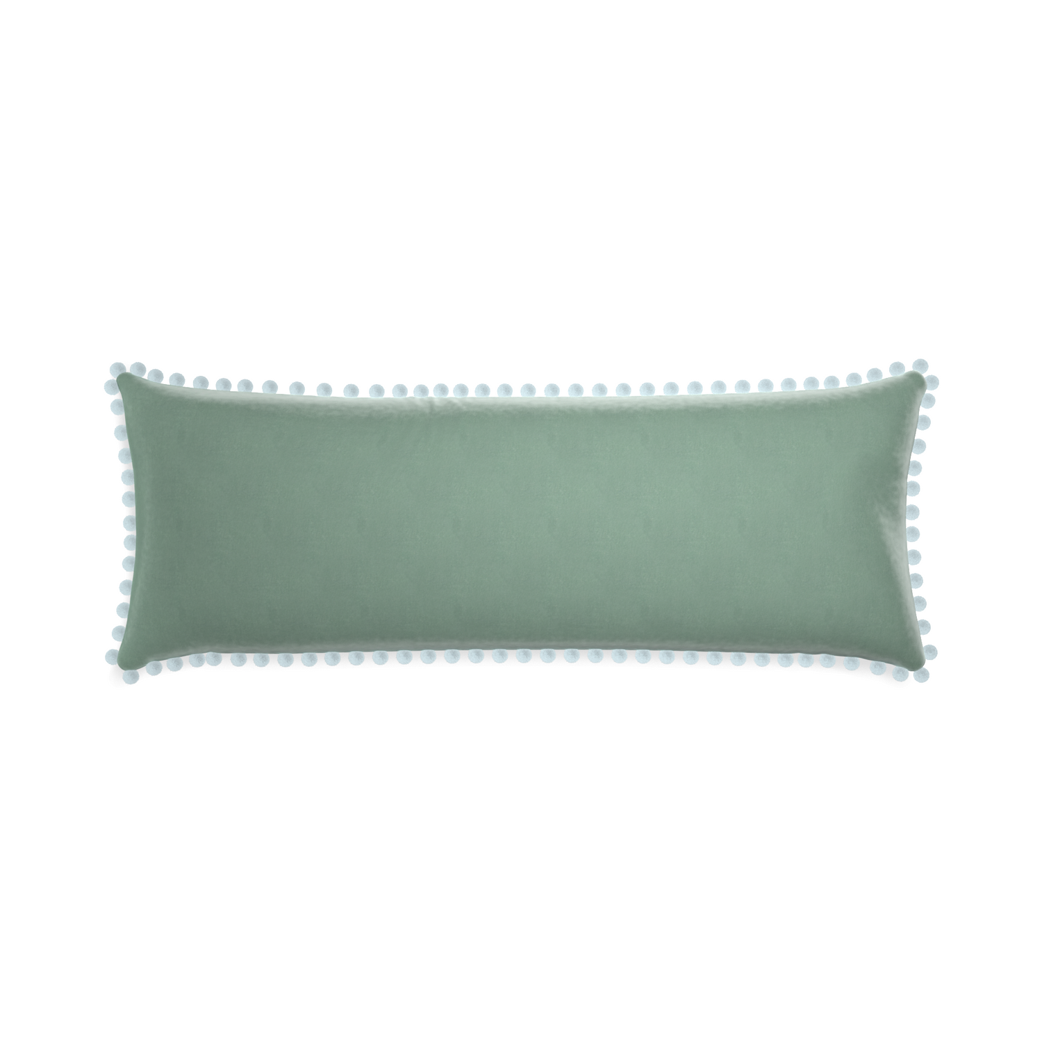 rectangle blue green velvet pillow with light blue pom poms